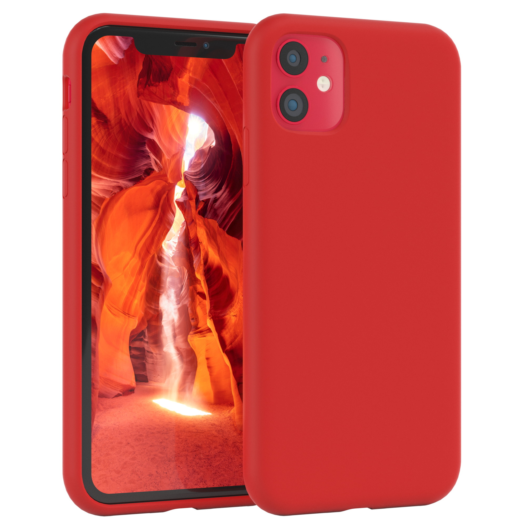 Rote Handyhülle mit einem Telefon. Das Telefon befindet sich auf weißem Hintergrund. Der Hintergrund ist unscharf.