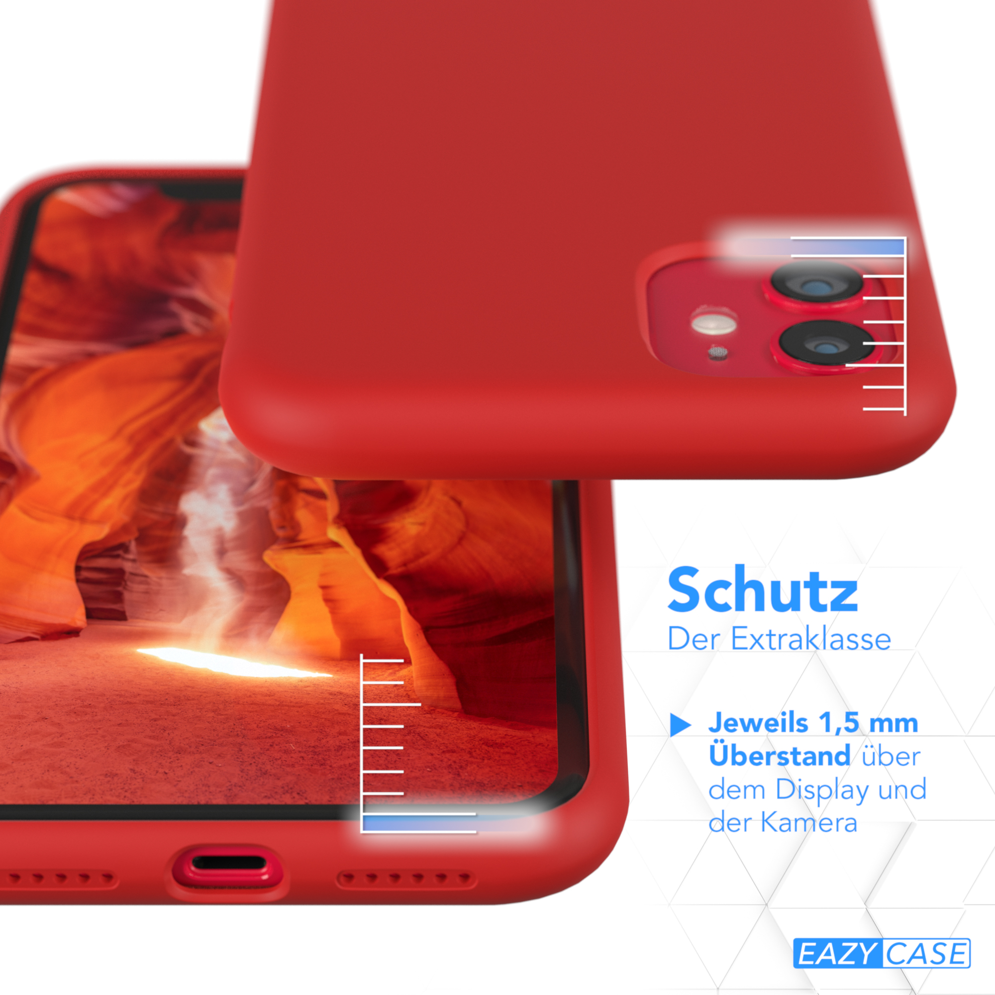Nahaufnahme einer roten Handyhülle, mit dem Telefon darin. Text erwähnt Schutz, mit 1,5 mm über dem Display.
