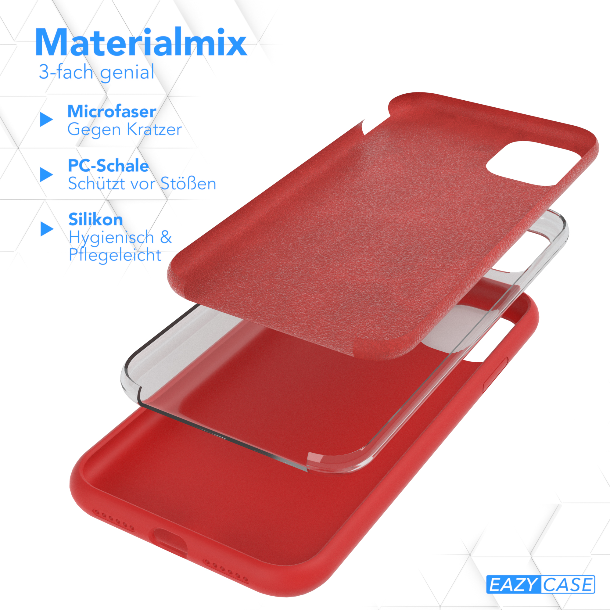 Eine Handyhülle wird gezeigt, mit Materialschichten getrennt: Mikrofaser, PC-Schale und Silikon.