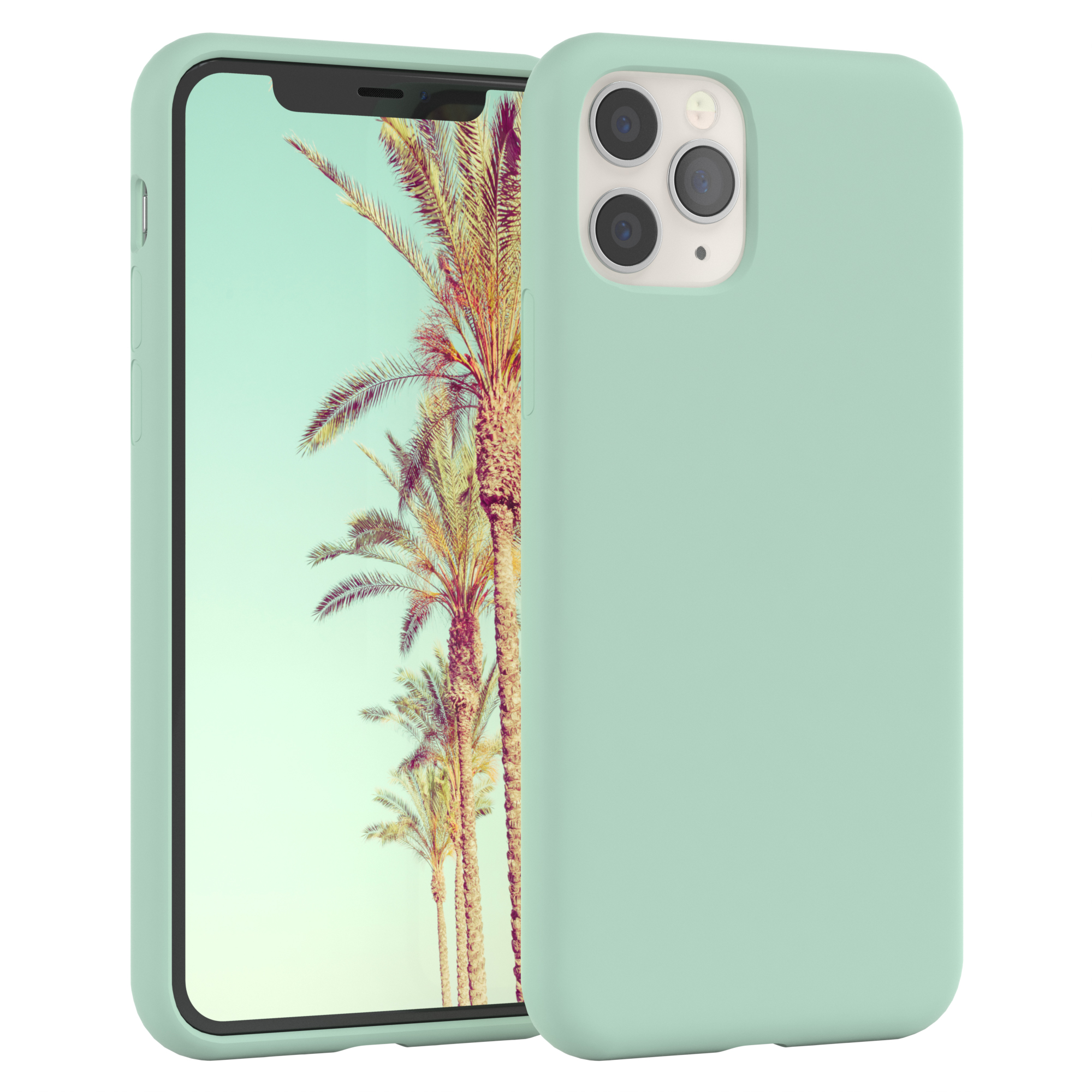 Telefon mit mintgrüner Hülle. Der Bildschirm zeigt Palmen. Weißer Hintergrund.