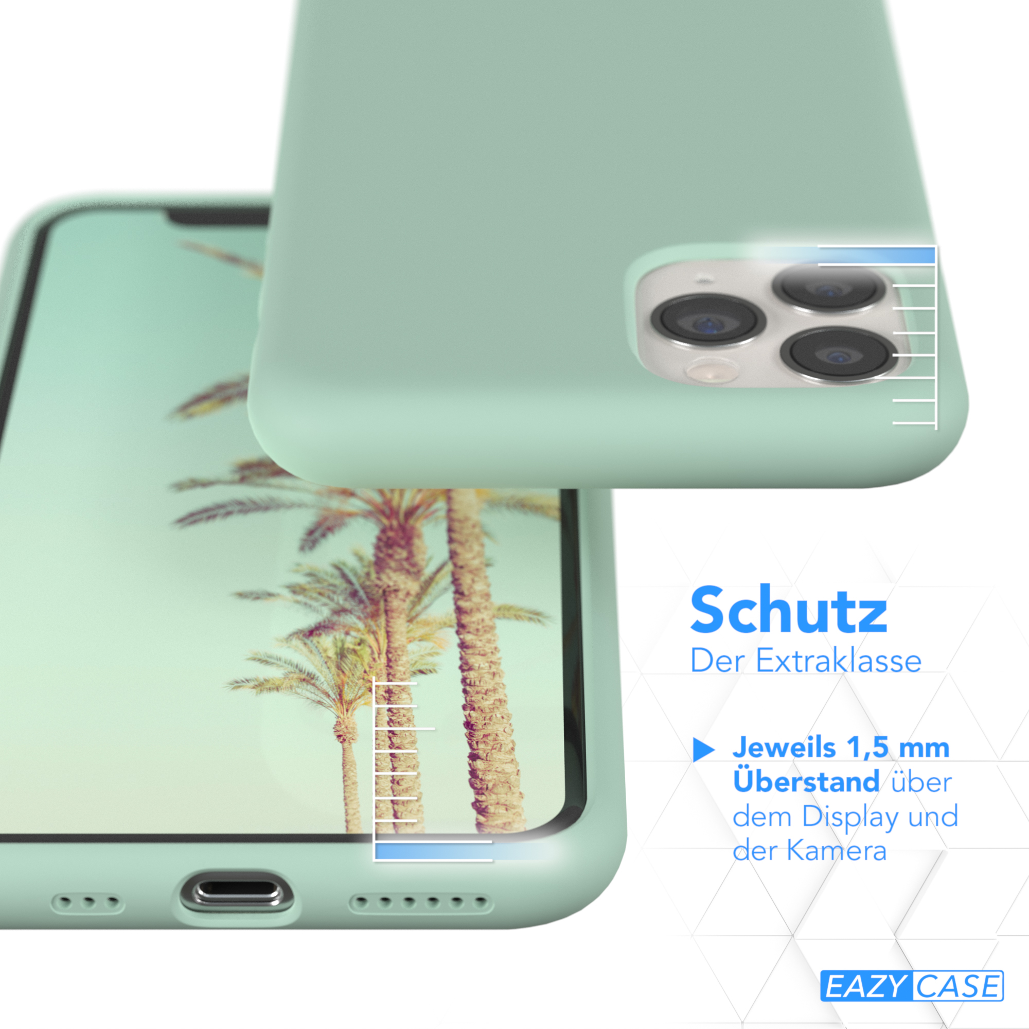 Grüne Handyhülle mit einem Telefon darin. Die Hülle schützt Kamera und Bildschirm.