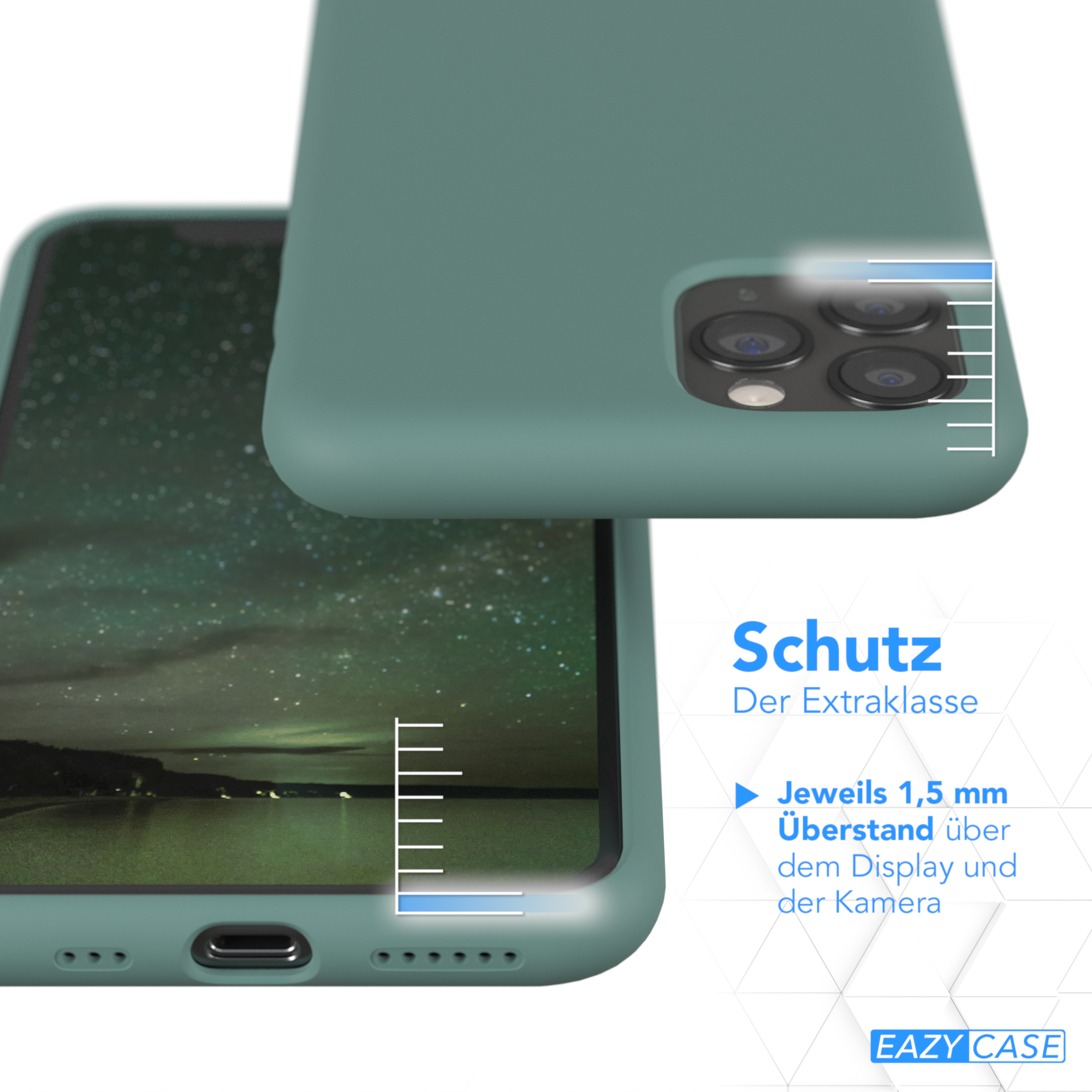 Grüne Handyhülle mit Kamera- und Displayschutz, mit Messungen.