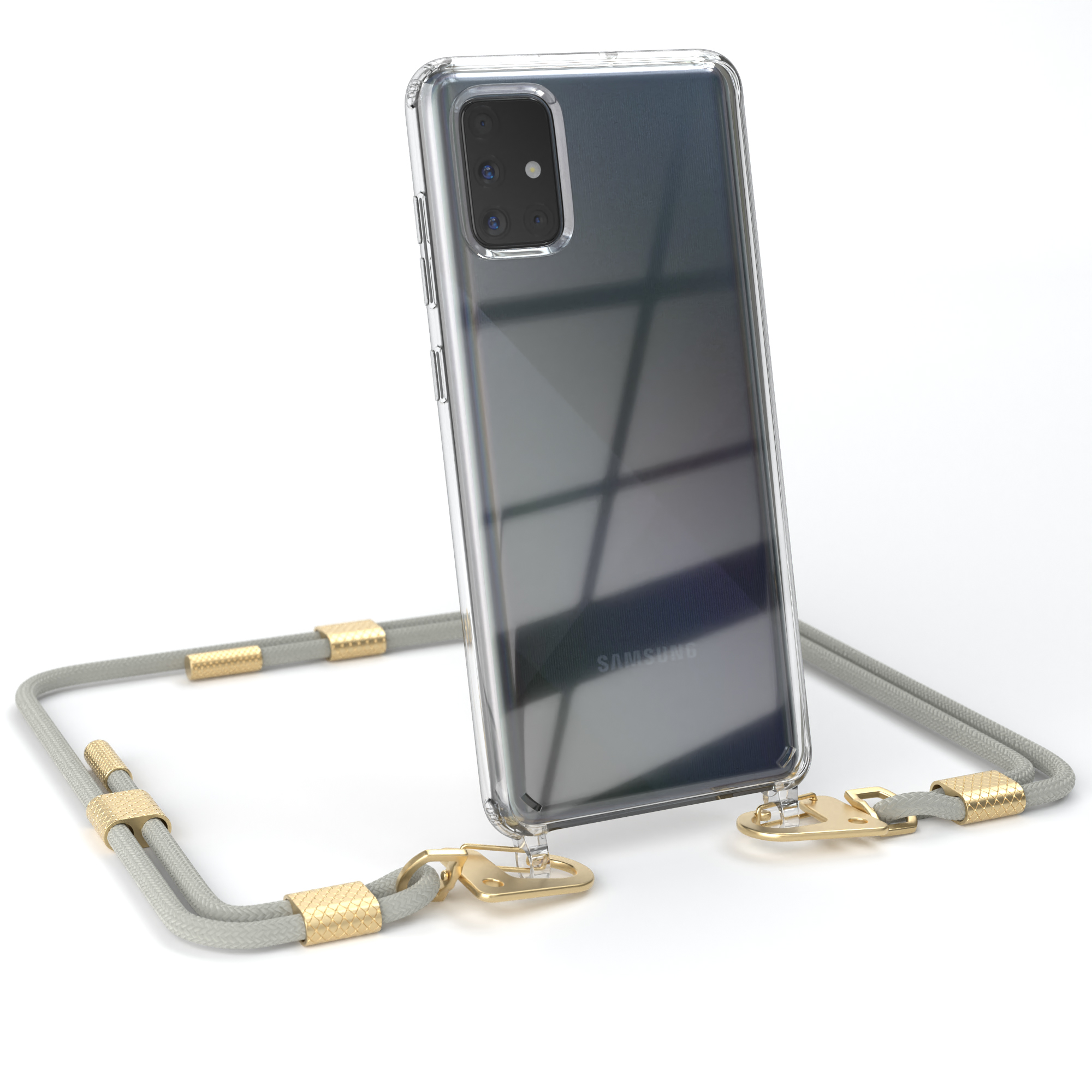 Galaxy Transparente Umhängetasche, EAZY Beige + runder Handyhülle Samsung, Matt A71, Kordel / Taupe mit Karabiner, Gold CASE