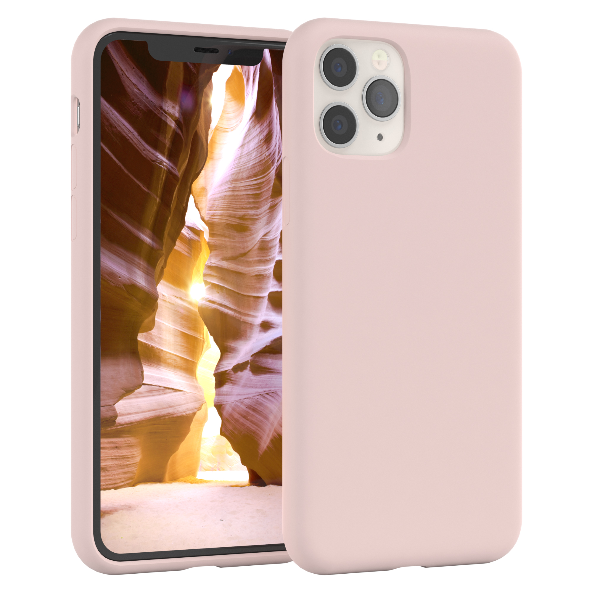 Rosa Handyhülle mit Canyon auf dem Bildschirm. Schwarzer Rand. Telefon ist leicht geneigt.