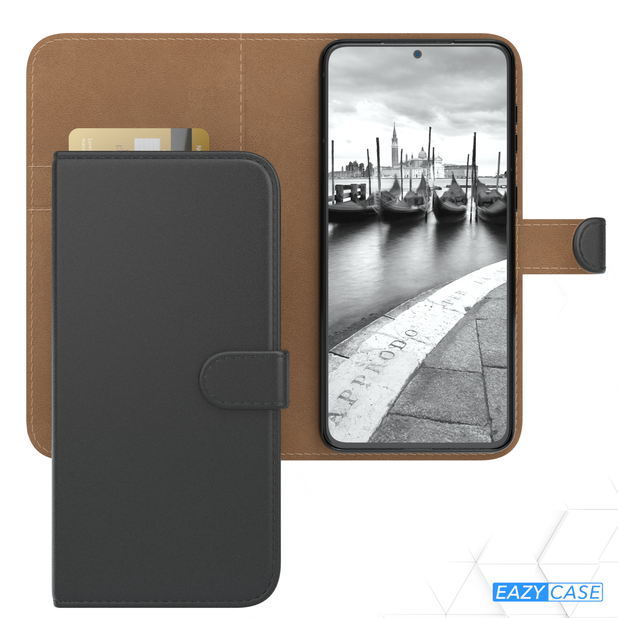 Schwarze Handyhülle offen, zeigt Telefon mit Venedig-Bild, Kartenfach und Knopfverschluss.