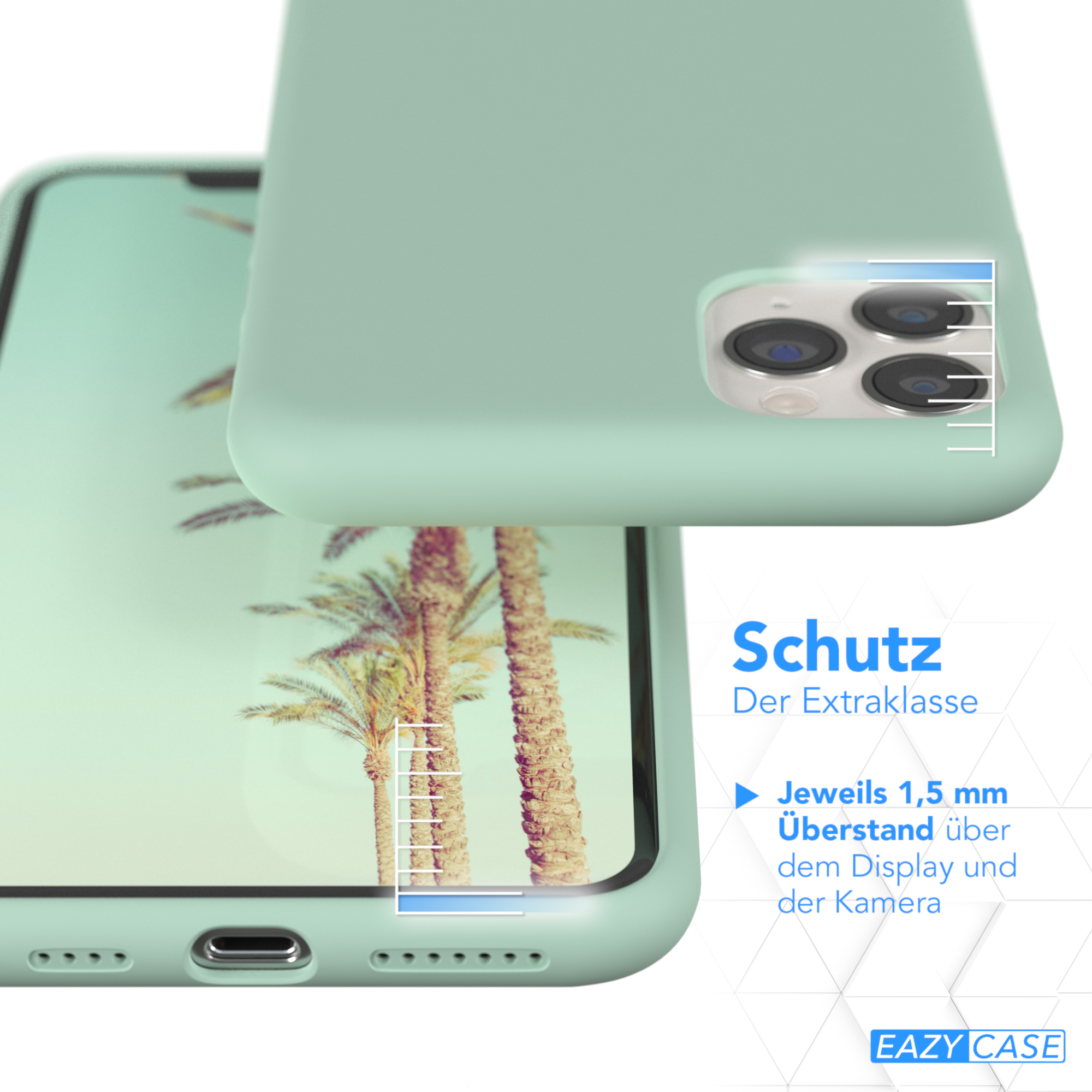 Eine türkisfarbene Handyhülle mit einem Telefon darin, das einen Palmenhintergrund zeigt.