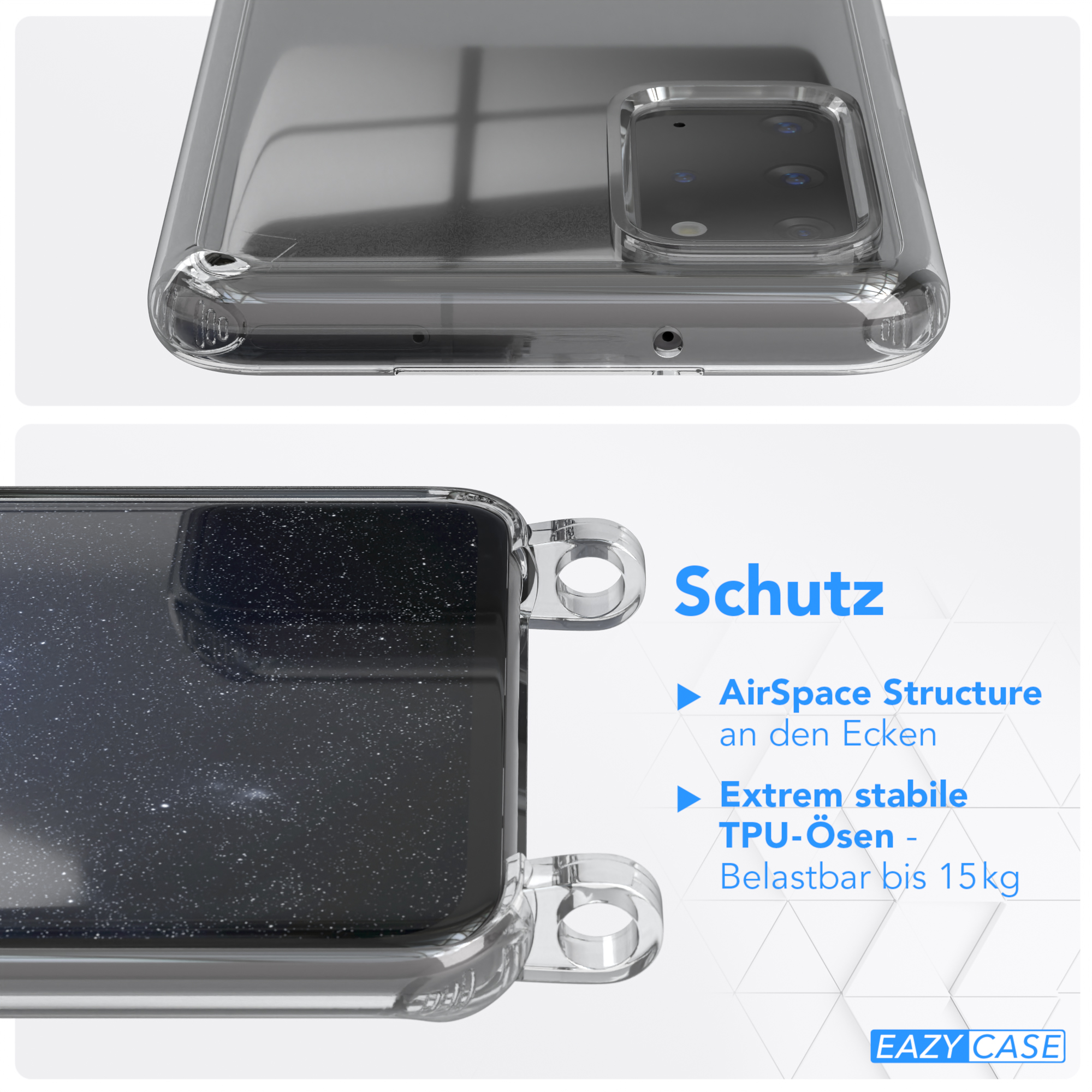 EAZY CASE Transparente Handyhülle mit 5G, Galaxy Umhängetasche, Gold Plus Kordel Karabiner, + S20 / S20 runder Nachtblau / Samsung, Plus