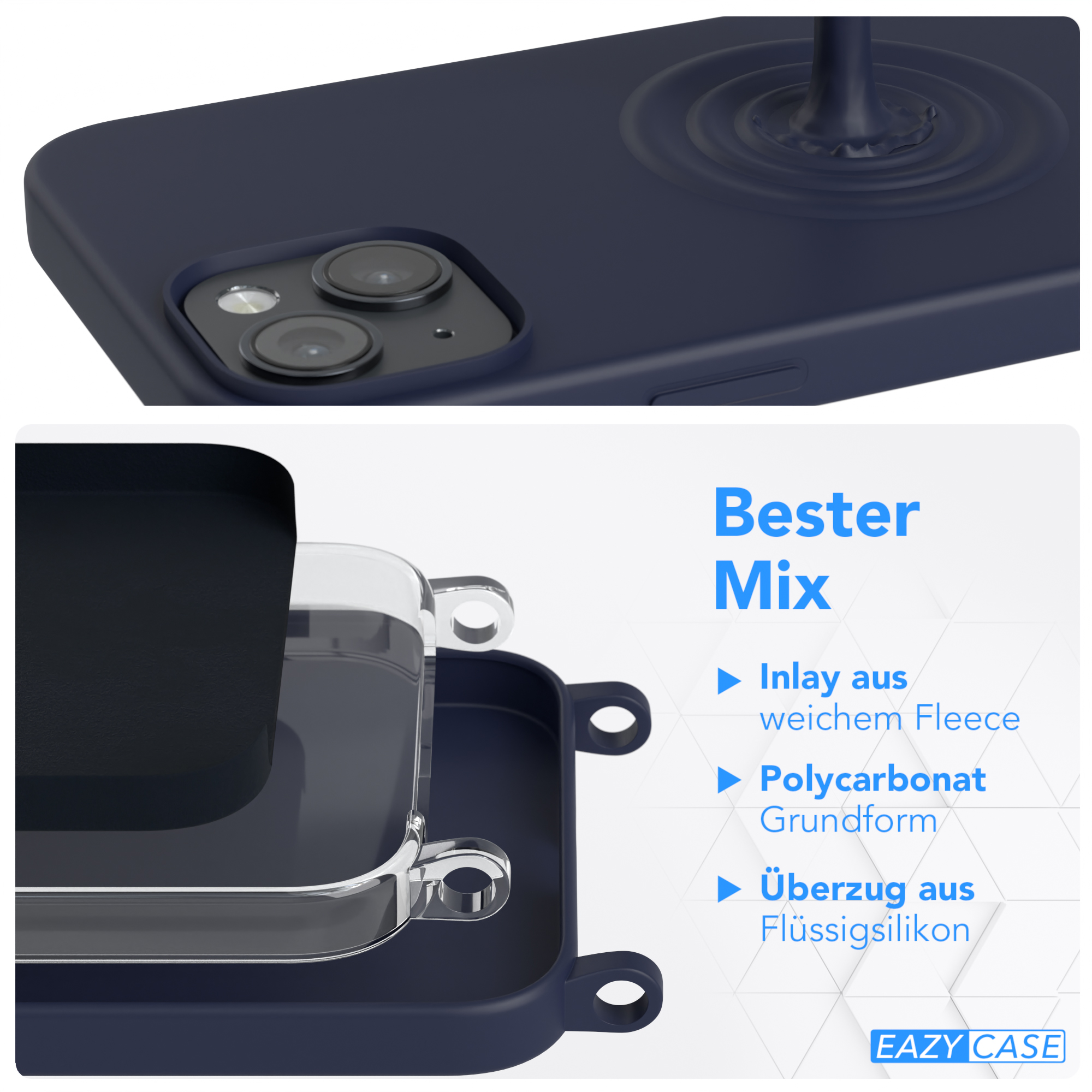 Dunkelblaue Handyhülle, mit Aussparungen für Kamera und Knöpfe und einem mehrschichtigen Design.