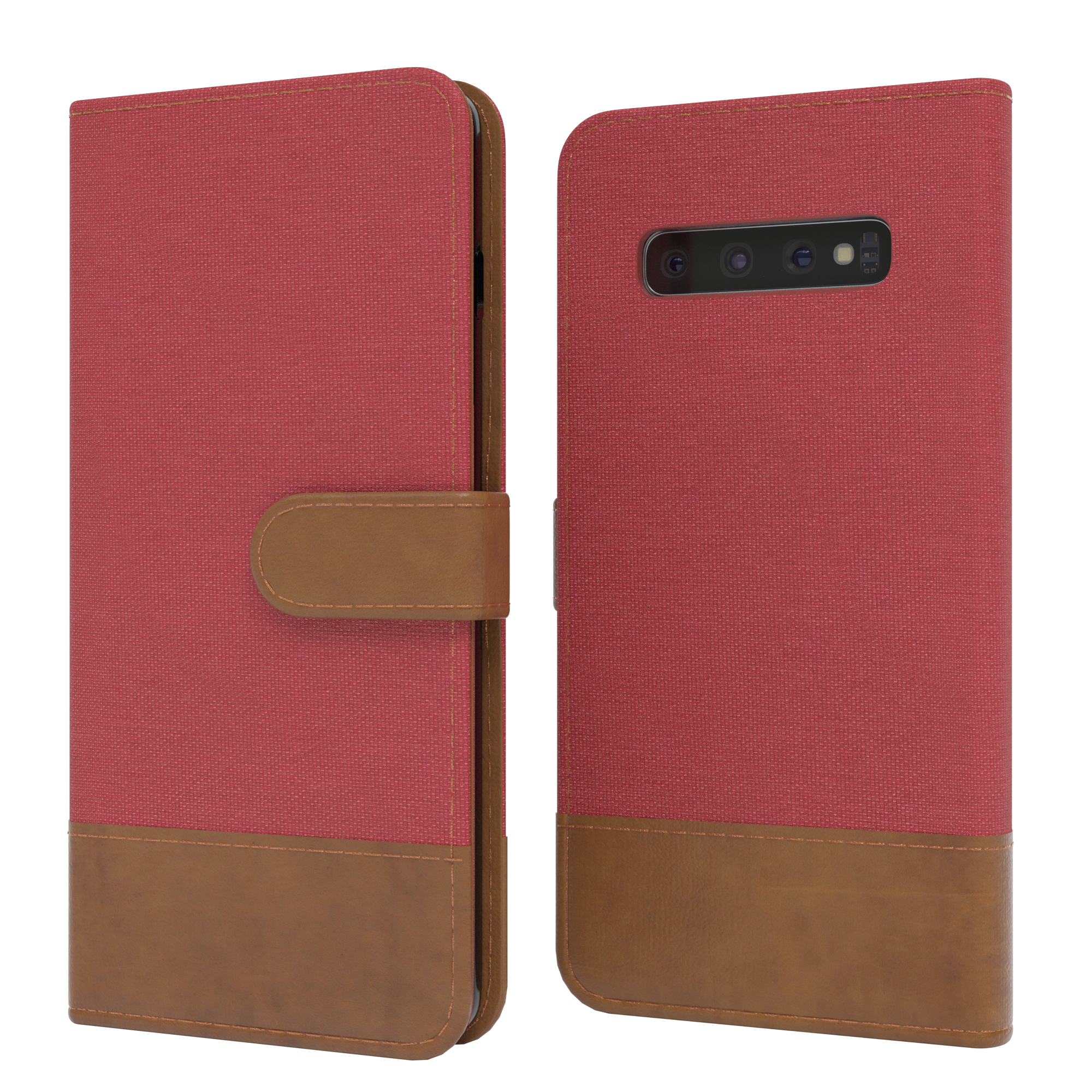Rotes Canvas- und braunes Leder-Handycase, geschlossen und offen.