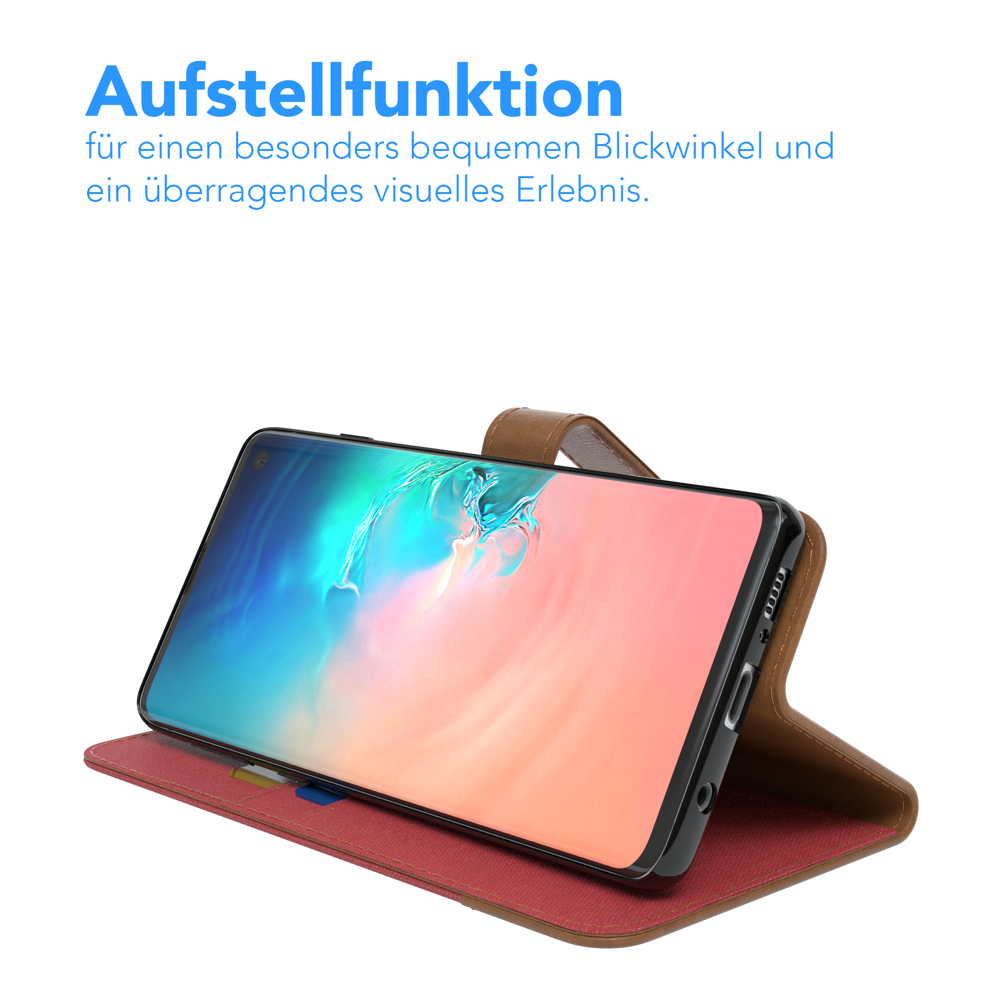 Telefon in brauner Lederhülle, Bildschirm angewinkelt, Bildschirm sichtbar. Roter Innenraum, braune Abdeckung.