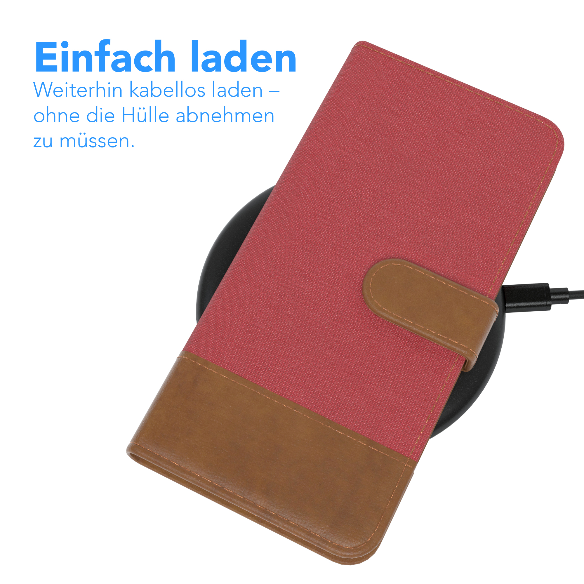 Eine rotbraune Handyhülle auf einem kabellosen Ladegerät. Text sagt 'Einfaches Laden'.
