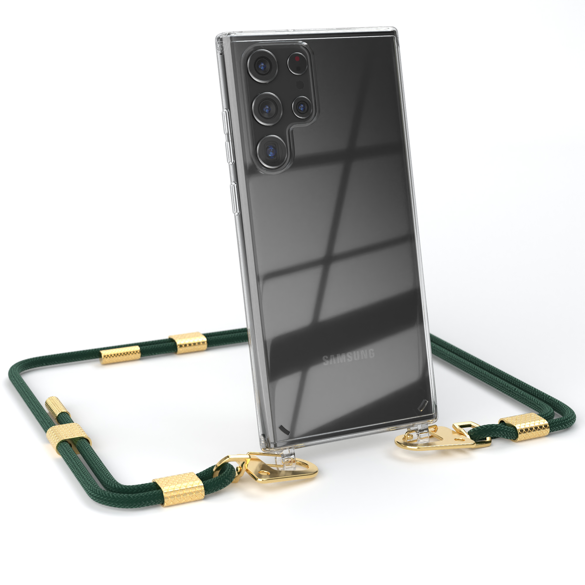 Eine transparente Handyhülle mit grünem Umhängeband. In der Hülle ist ein Samsung-Handy.
