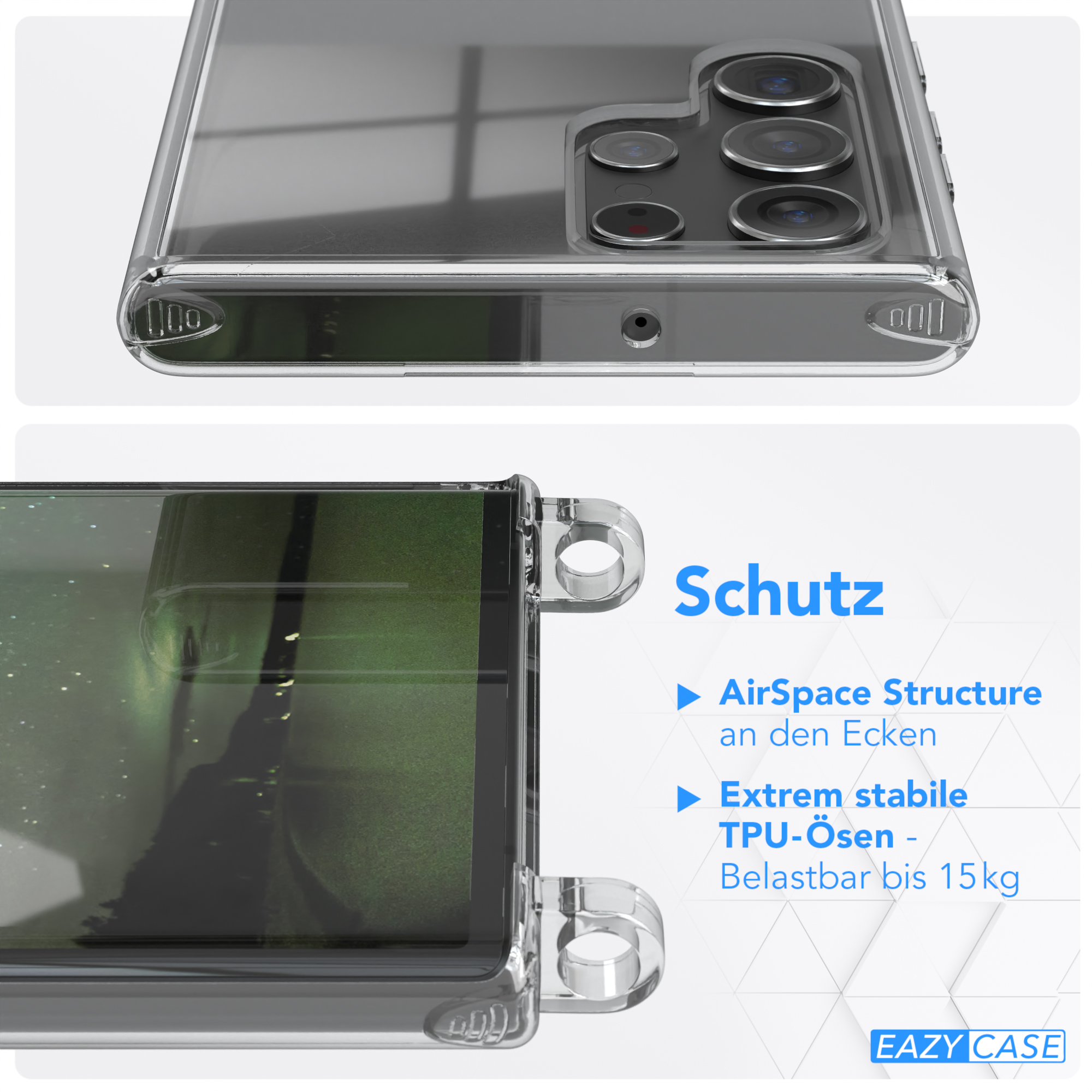 Nahaufnahme einer Handyhülle mit Löchern für die Knöpfe. Die Hülle ist transparent.