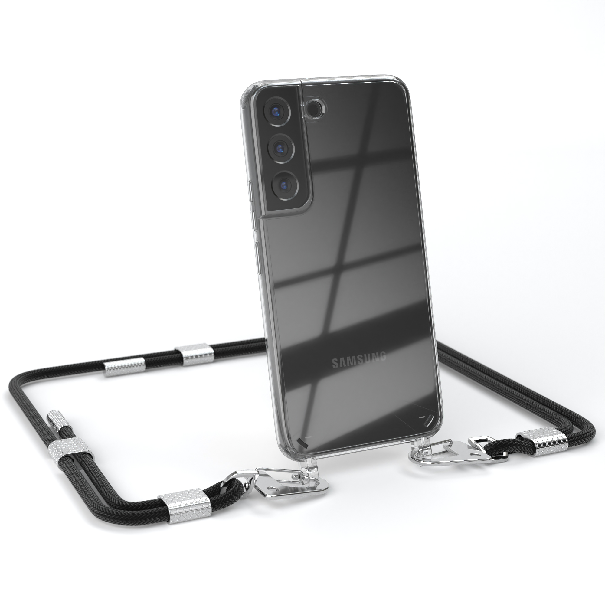 Transparente Handyhülle mit schwarzem Umhängeband. Die Handyhülle ist auf dem Samsung-Handy.