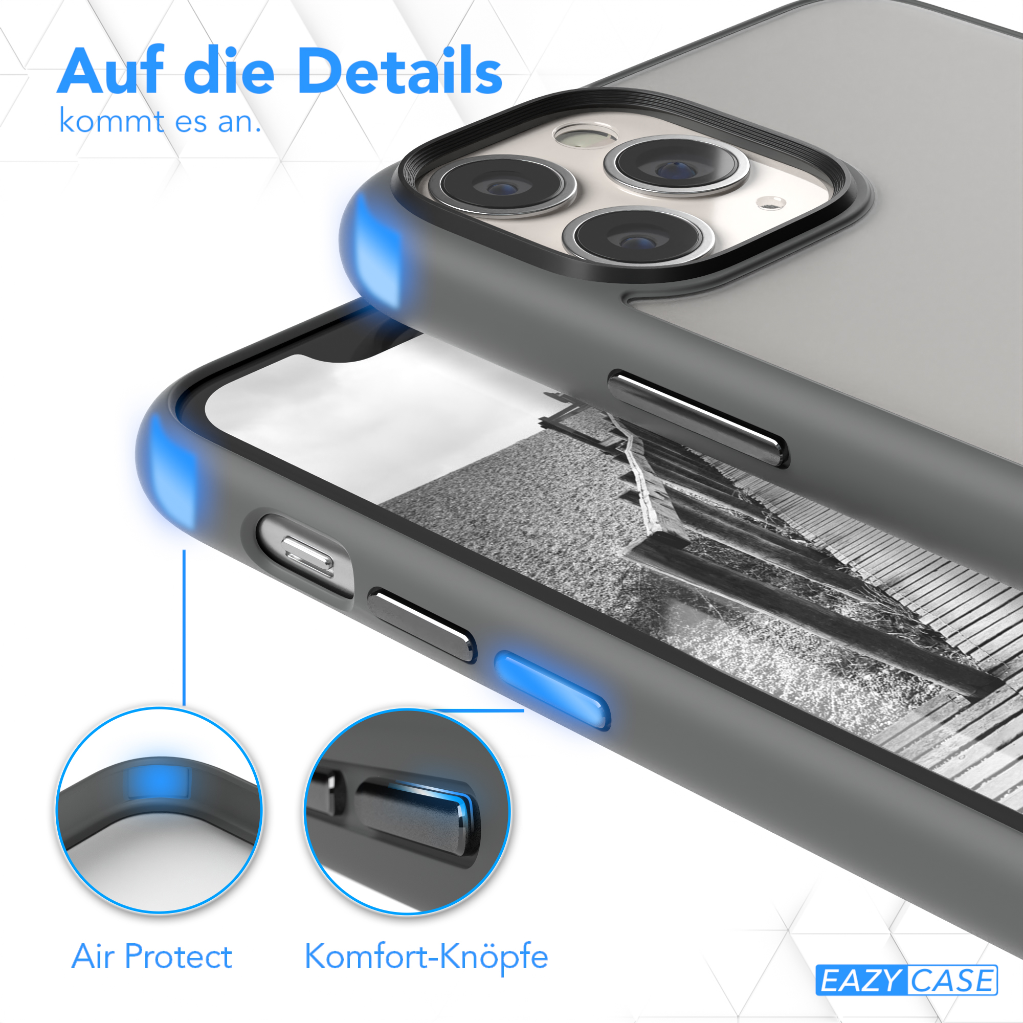 Handyhülle Details: Air Protect und Komfort-Tasten. Die Hülle ist grau.