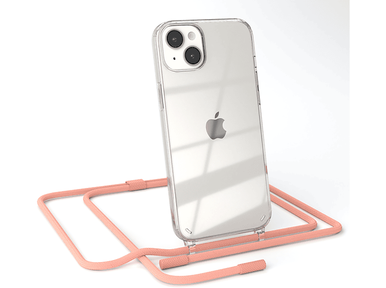 Kette iPhone unifarbend, Transparente EAZY Altrosa / 14 Coral Plus, Umhängetasche, CASE Apple, mit Handyhülle runder