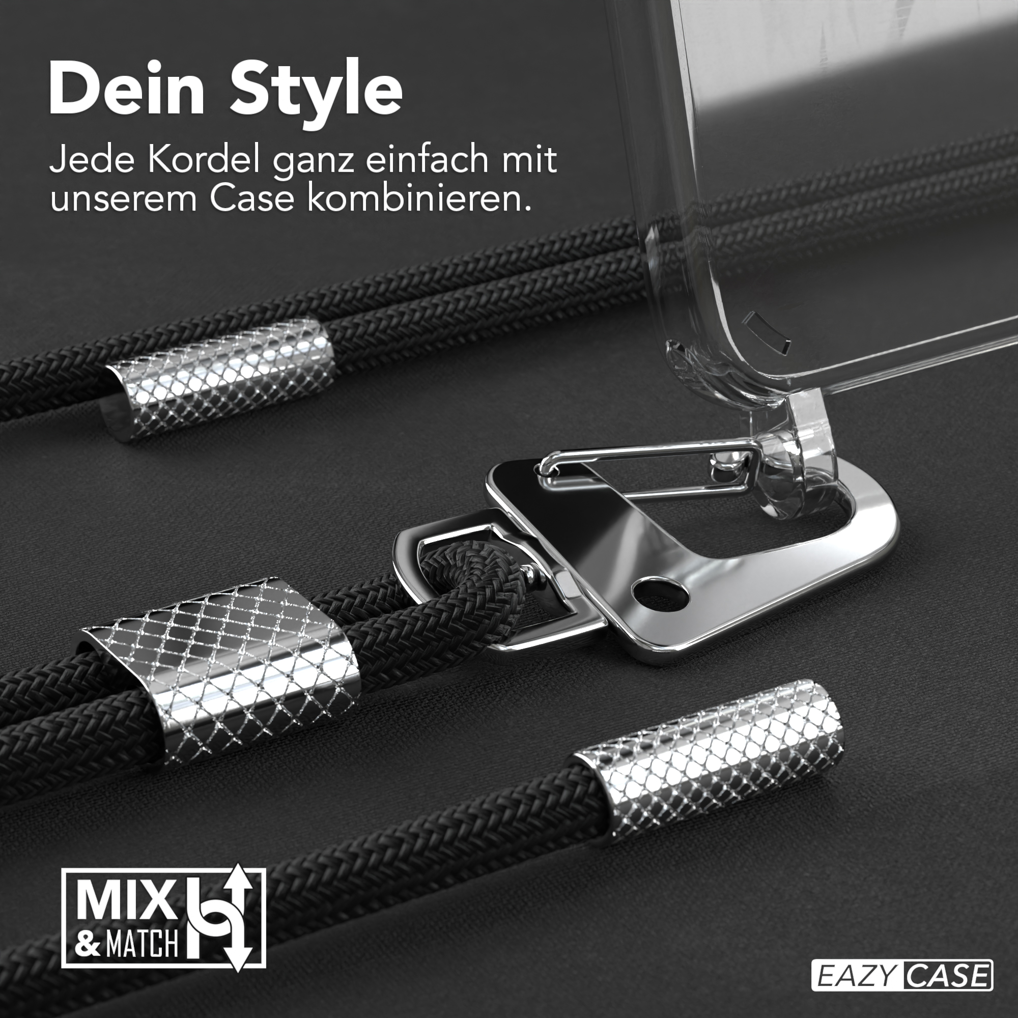 Nahaufnahme von Handyhüllenriemen. Schwarzes Seil, silberne Metallteile und eine transparente Hülle.