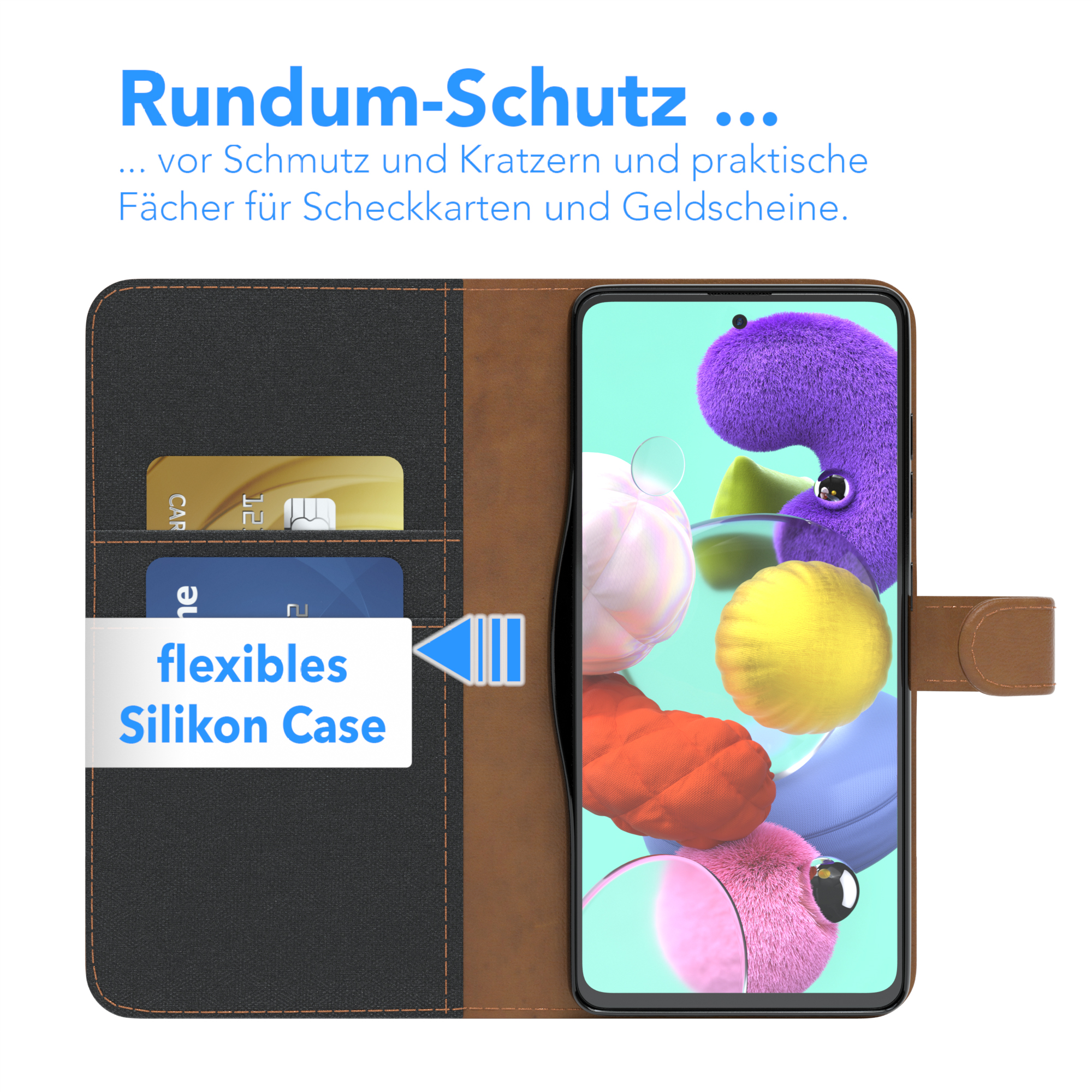 Bookcover, Samsung, Klapphülle EAZY Bookstyle mit Kartenfach, Jeans CASE Schwarz A51, Galaxy