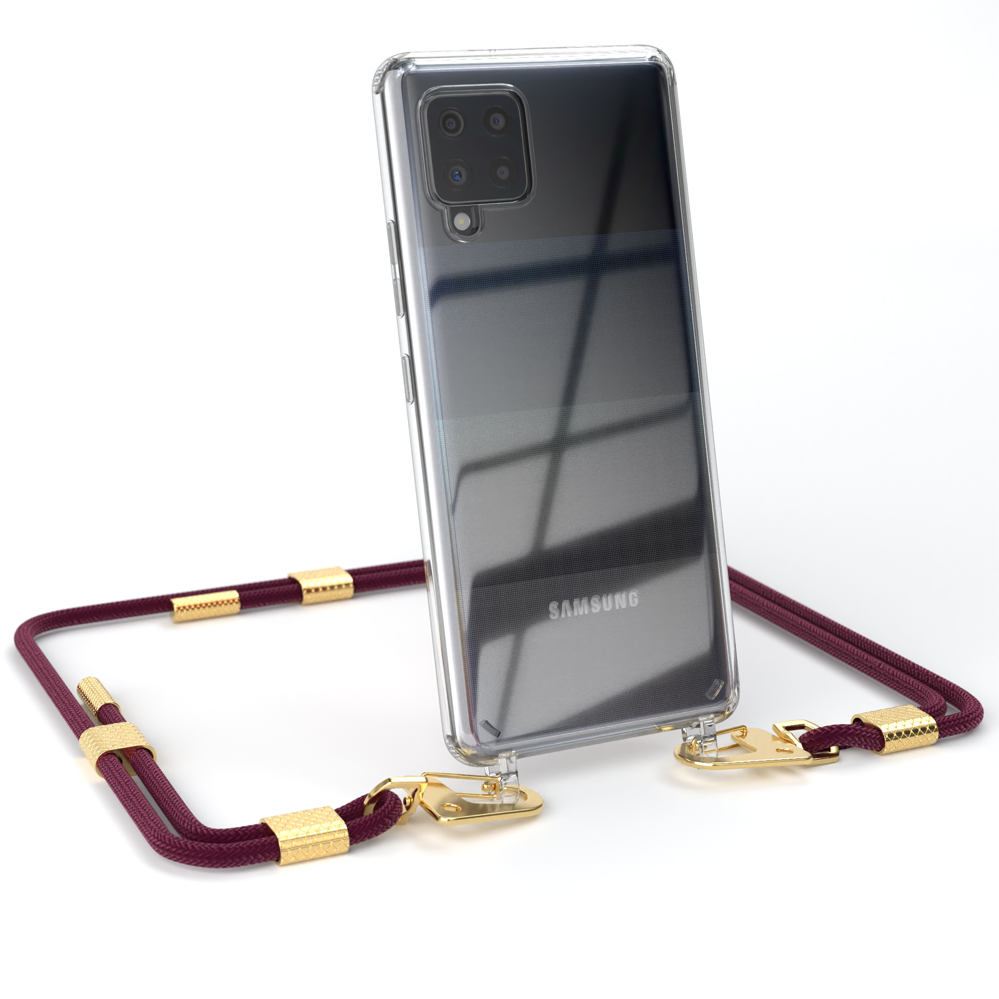 EAZY CASE Transparente mit Handyhülle Samsung, Bordeaux / Gold Karabiner, Galaxy + Umhängetasche, A42 5G, runder Kordel