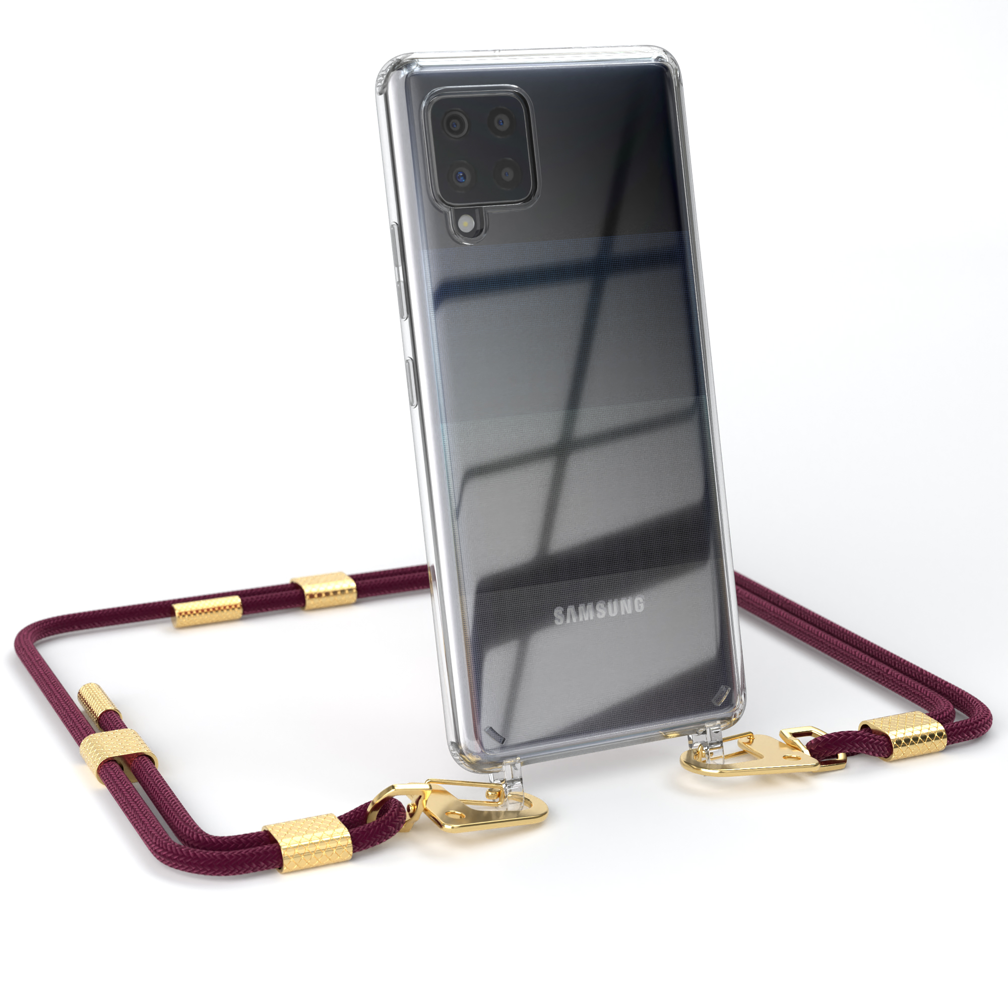 Transparente Handyhülle mit bordeauxfarbenem Kabel. Goldene Verschlüsse und weißer Hintergrund. Samsung-Logo.