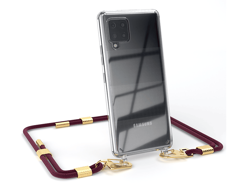 EAZY CASE Transparente Handyhülle mit Karabiner, Bordeaux + Umhängetasche, / Samsung, A42 Kordel Gold runder 5G, Galaxy