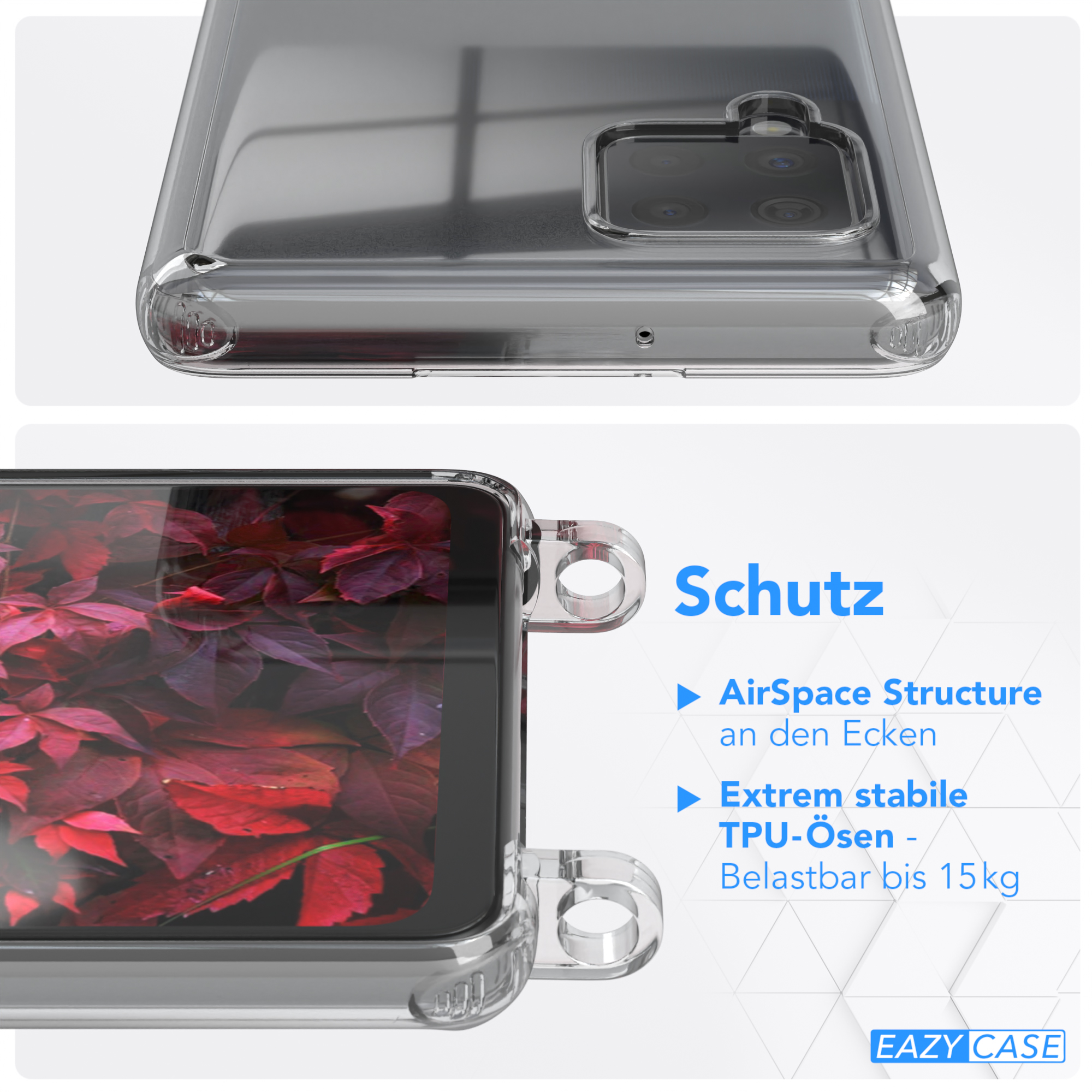 Nahaufnahme einer Handyhülle mit Telefon. Text: Schutz, AirSpace Structure, Extrem stabile TPU-Ösen.