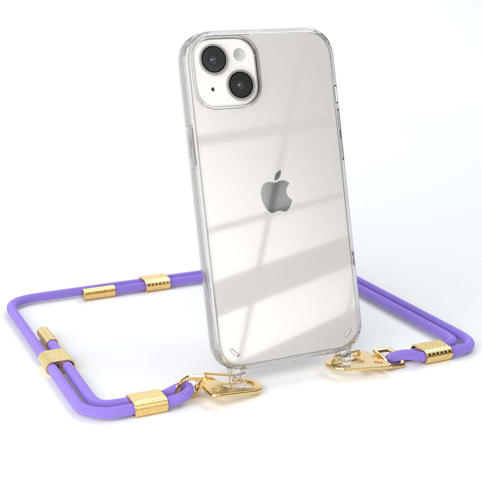 Telefon in klarer Hülle mit lila Gurt und goldenen Akzenten, weißer Hintergrund.