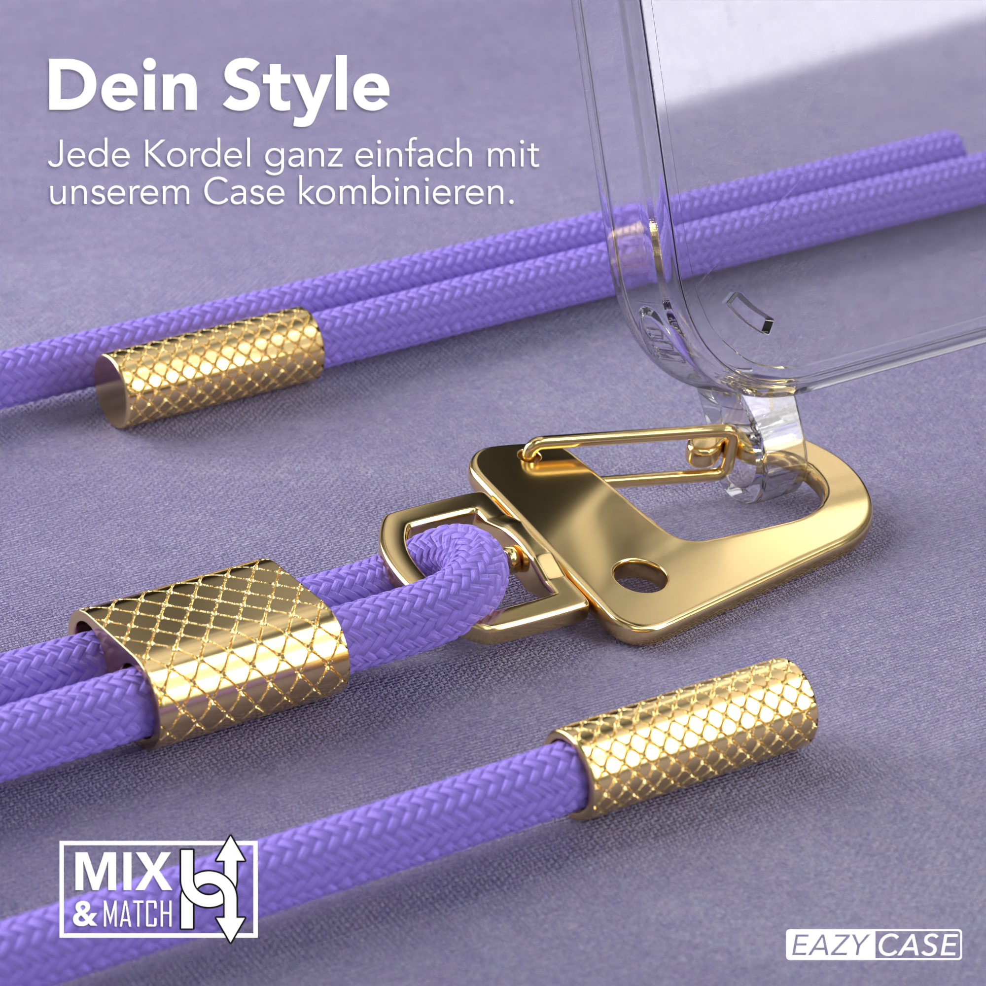 Nahaufnahme einer Handyhülle mit einem lila Lanyard. Goldene Akzente und die Hülle ist transparent.