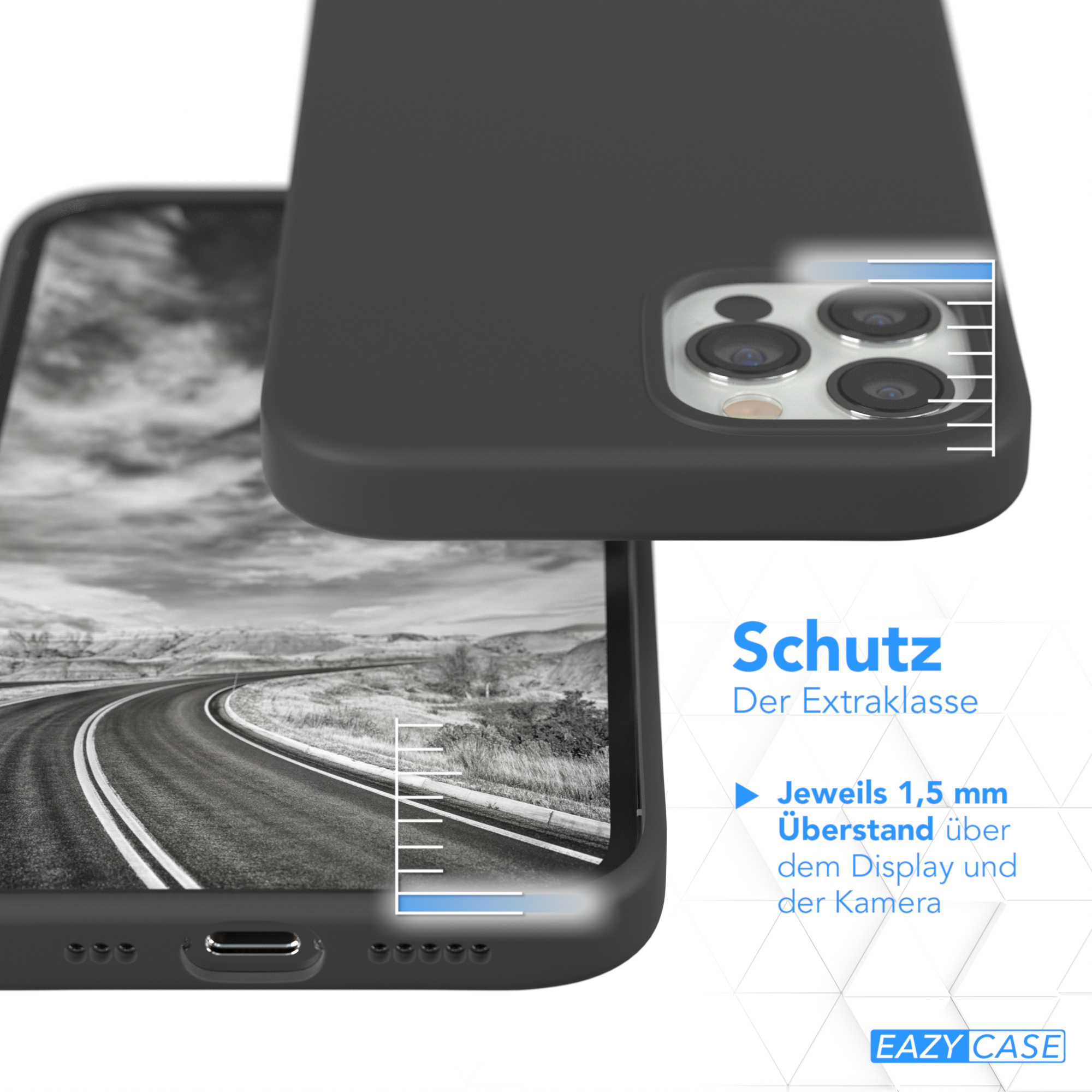 Nahaufnahme einer Handyhülle mit Telefon. Schwarze Hülle, weißer Text, Straßenbild.