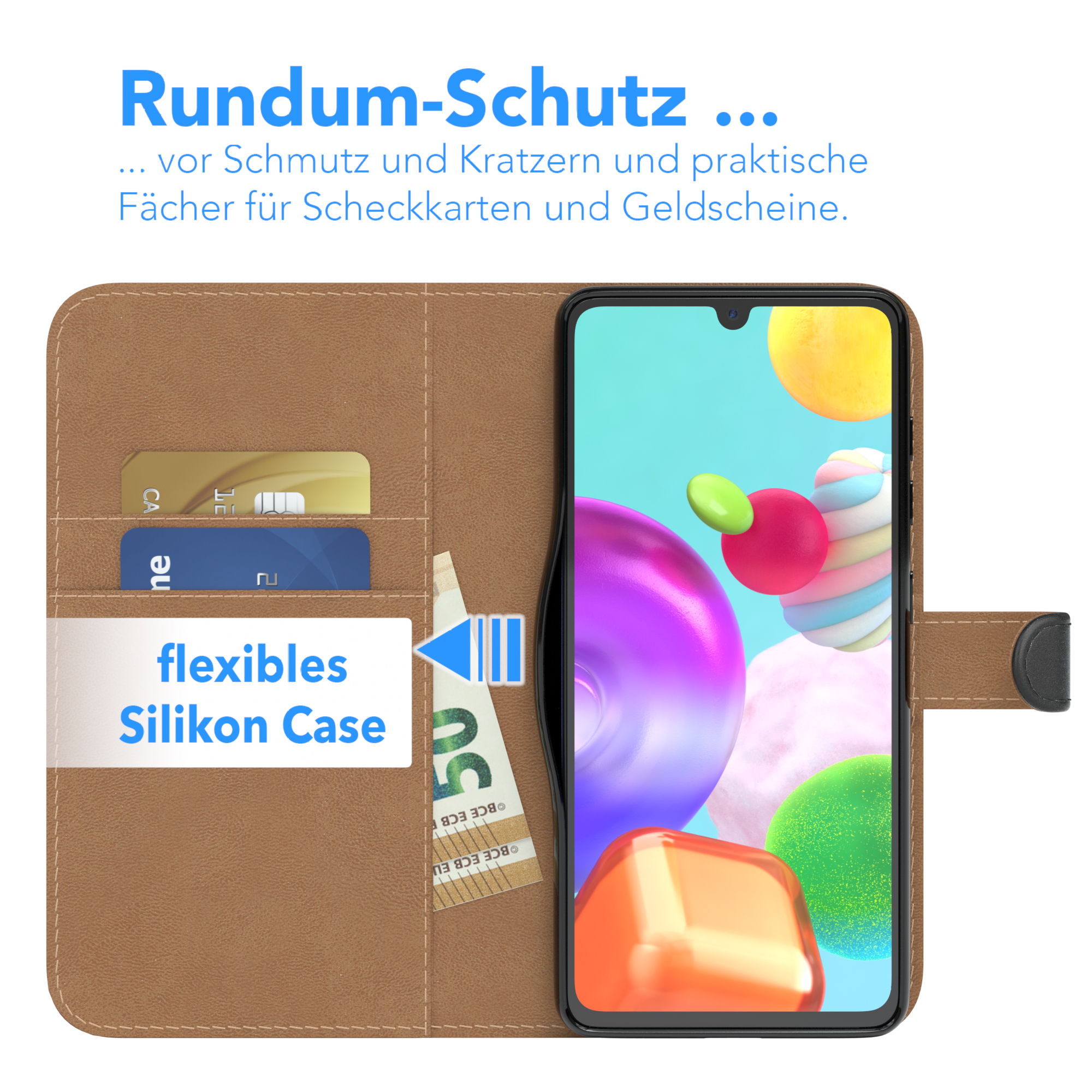 Eine Handyhülle mit Telefon, die Kartenfächer und ein Bargeldfach zeigt.