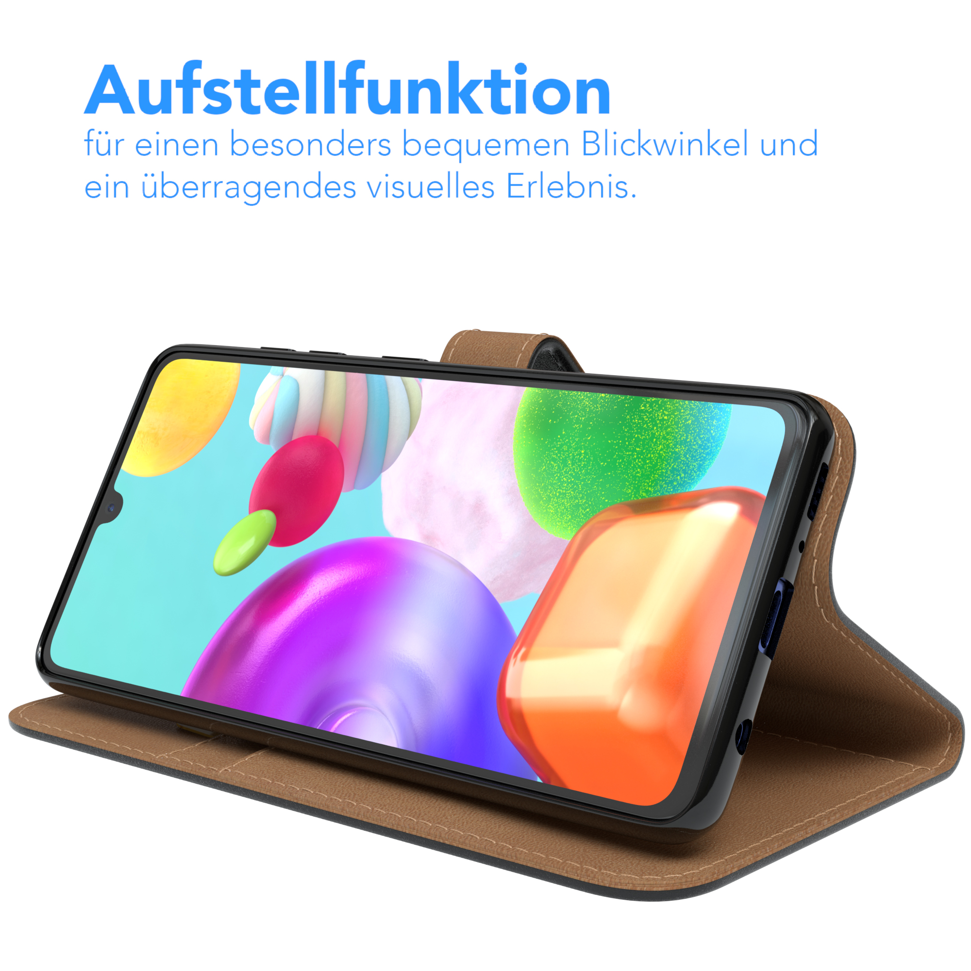 Telefon in einer Hülle, abgewinkelt, zeigt den Bildschirm.