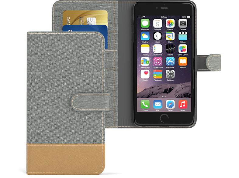 / Plus Bookstyle CASE EAZY Plus, Jeans Grau Hell 6S 6 mit iPhone Klapphülle Bookcover, Kartenfach, Apple,
