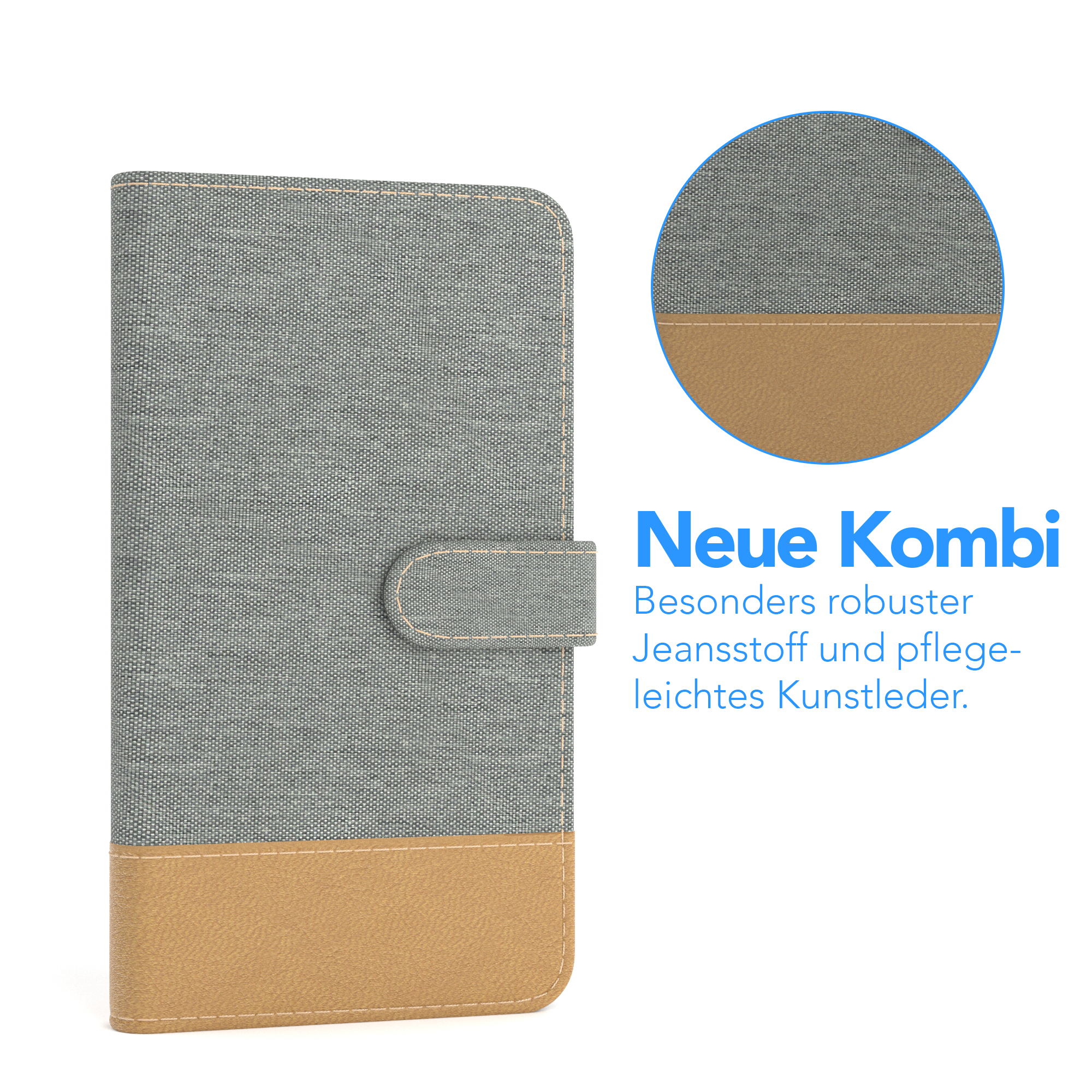 Eine graue Handyhülle mit braunem Boden. Ein kreisförmiger Nahaufnahme zeigt die Textur.