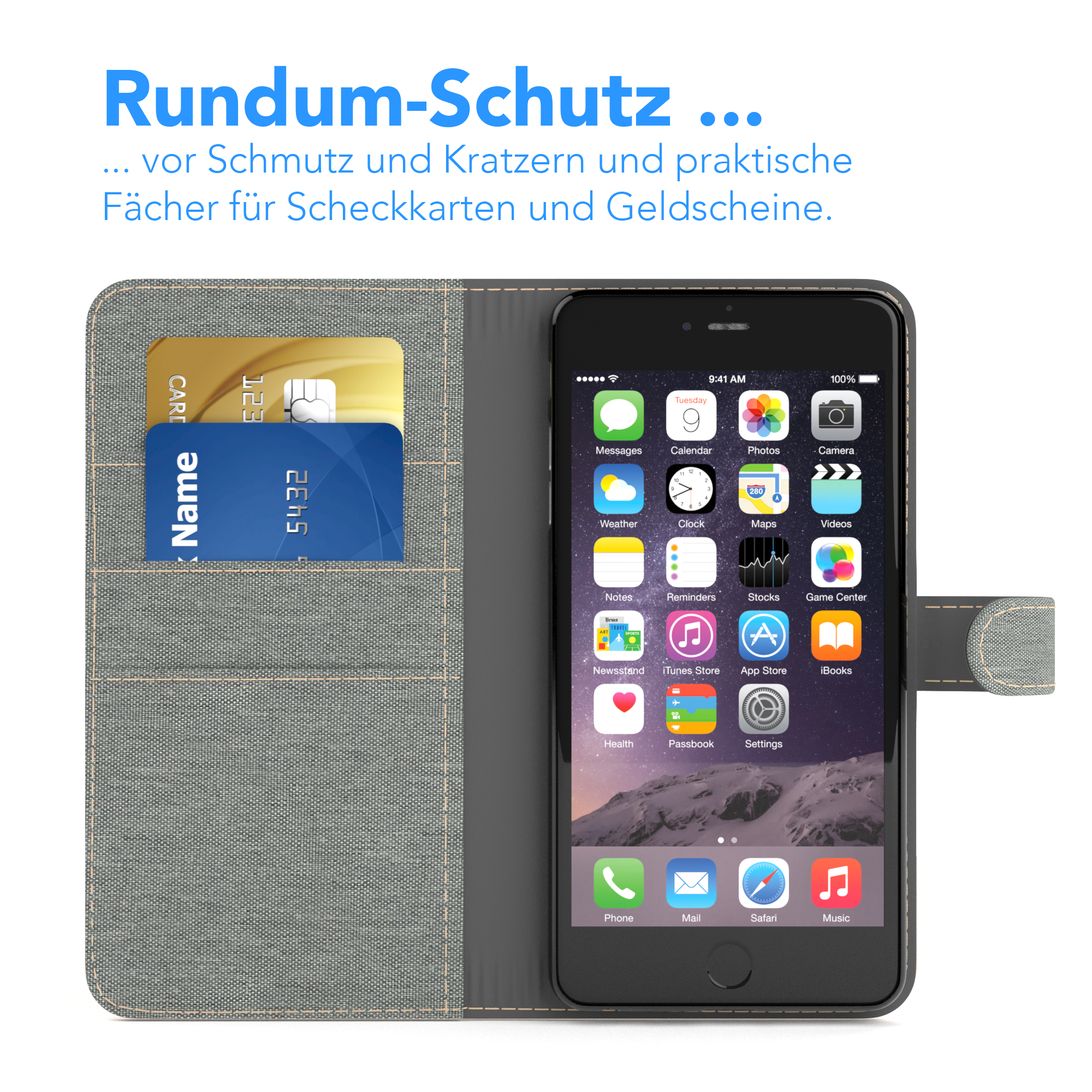 Geöffnete Handyhülle mit Telefon, Kreditkarten und Geld darin. Graues Gehäuse.