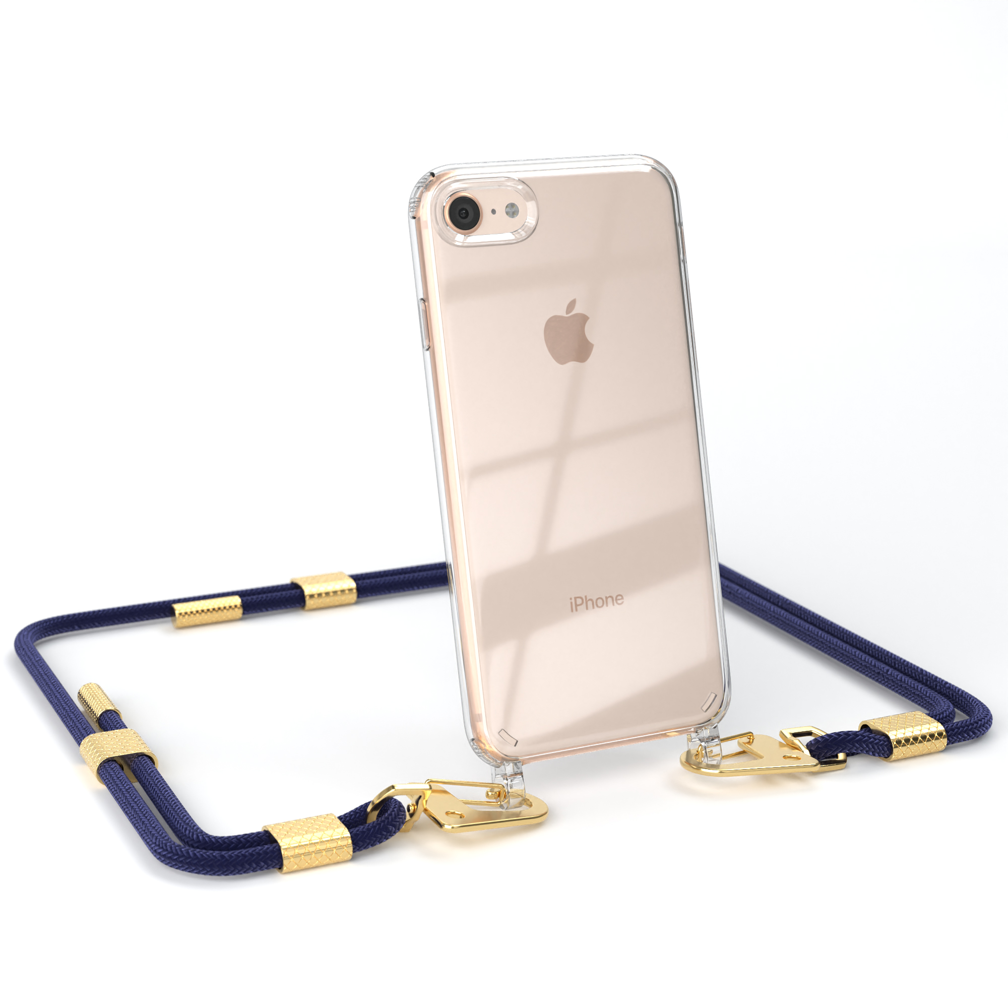 Transparente Handyhülle auf einem goldenen iPhone mit marineblauem Schlüsselband. Weißer Hintergrund.