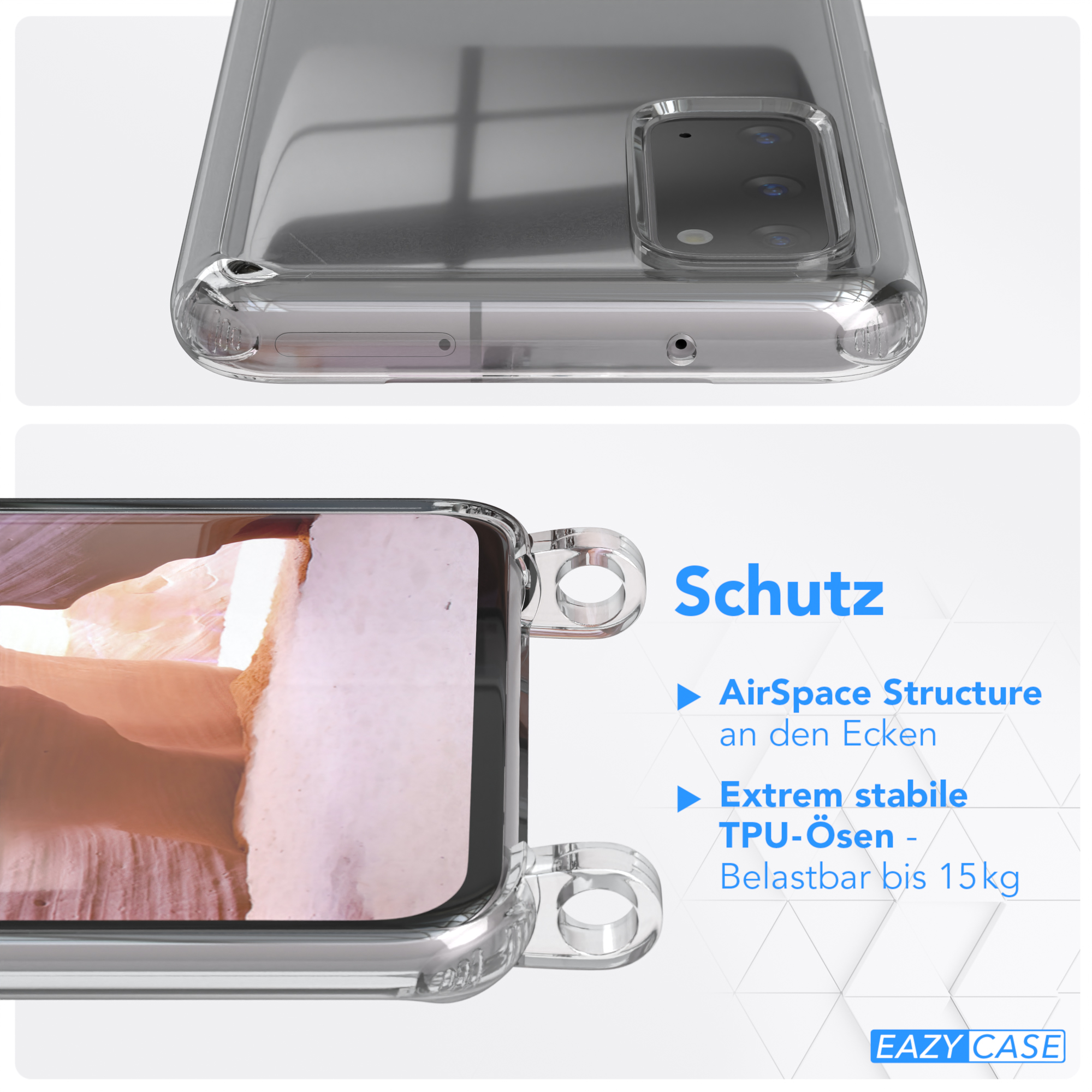 Transparente mit runder Kordel / Handyhülle CASE S20, Galaxy Umhängetasche, + Samsung, Gold EAZY Karabiner, Altrosa