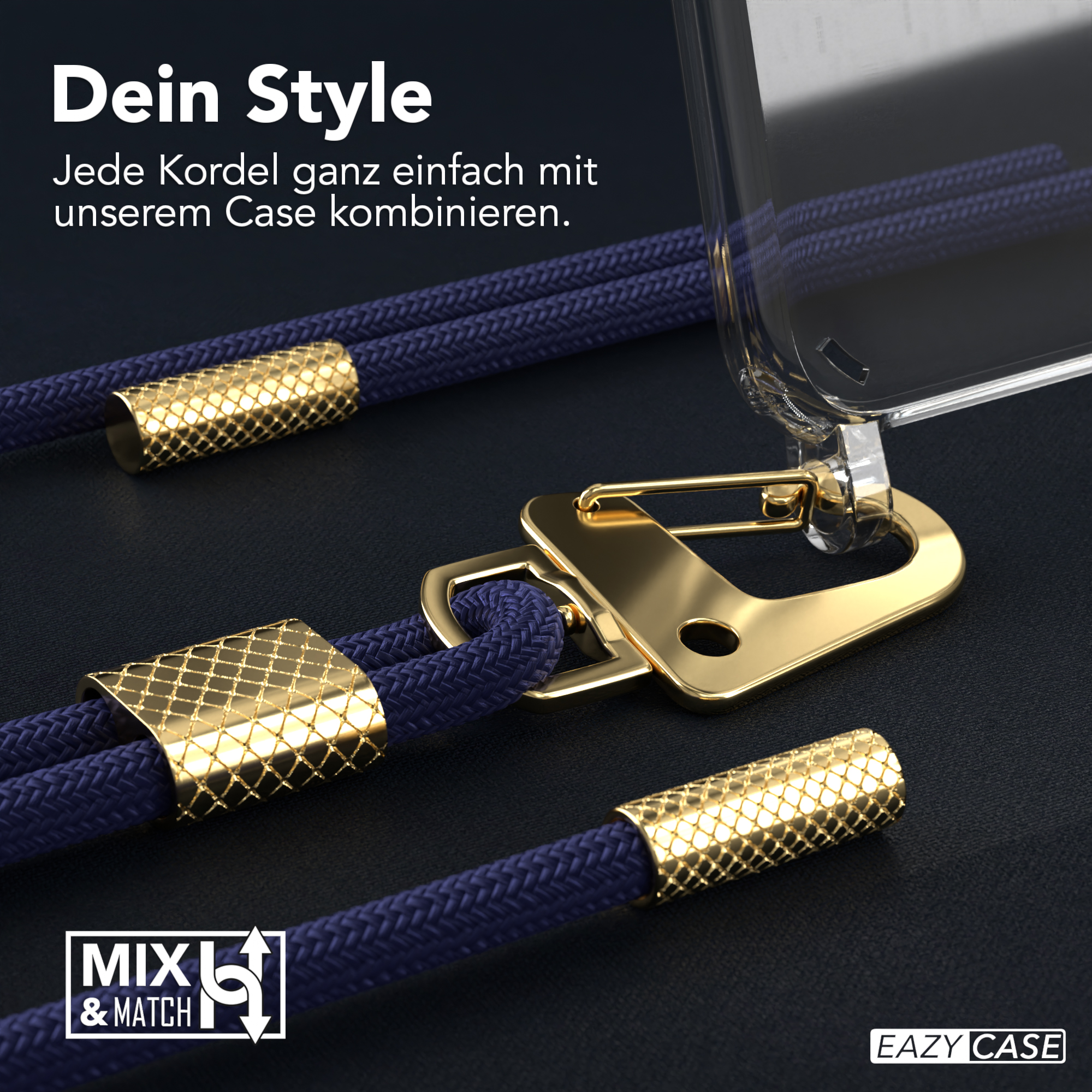 Nahaufnahme von Handyhülle Details. Text: Dein Style. Eazy Case Logo.