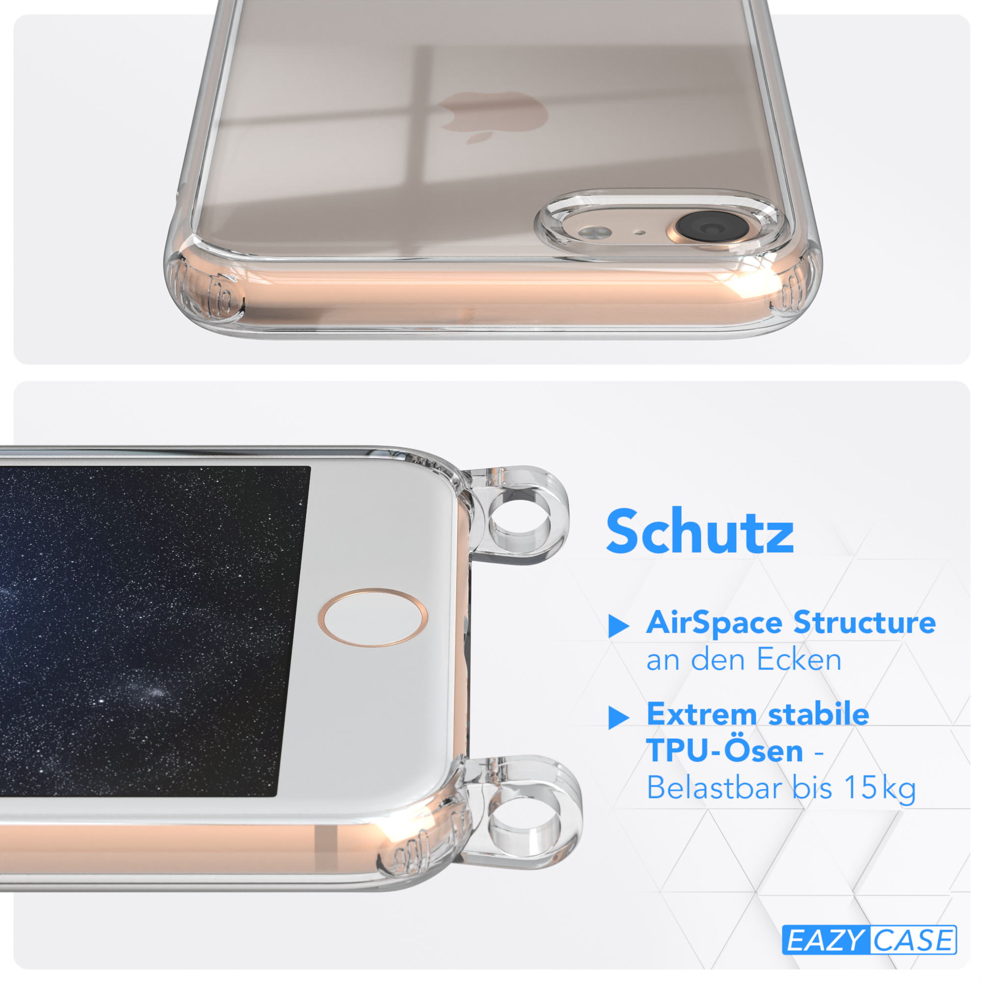 Transparente Handyhülle mit Telefon. Text: AirSpace Structure, Extrem stabile TPU-Ösen.