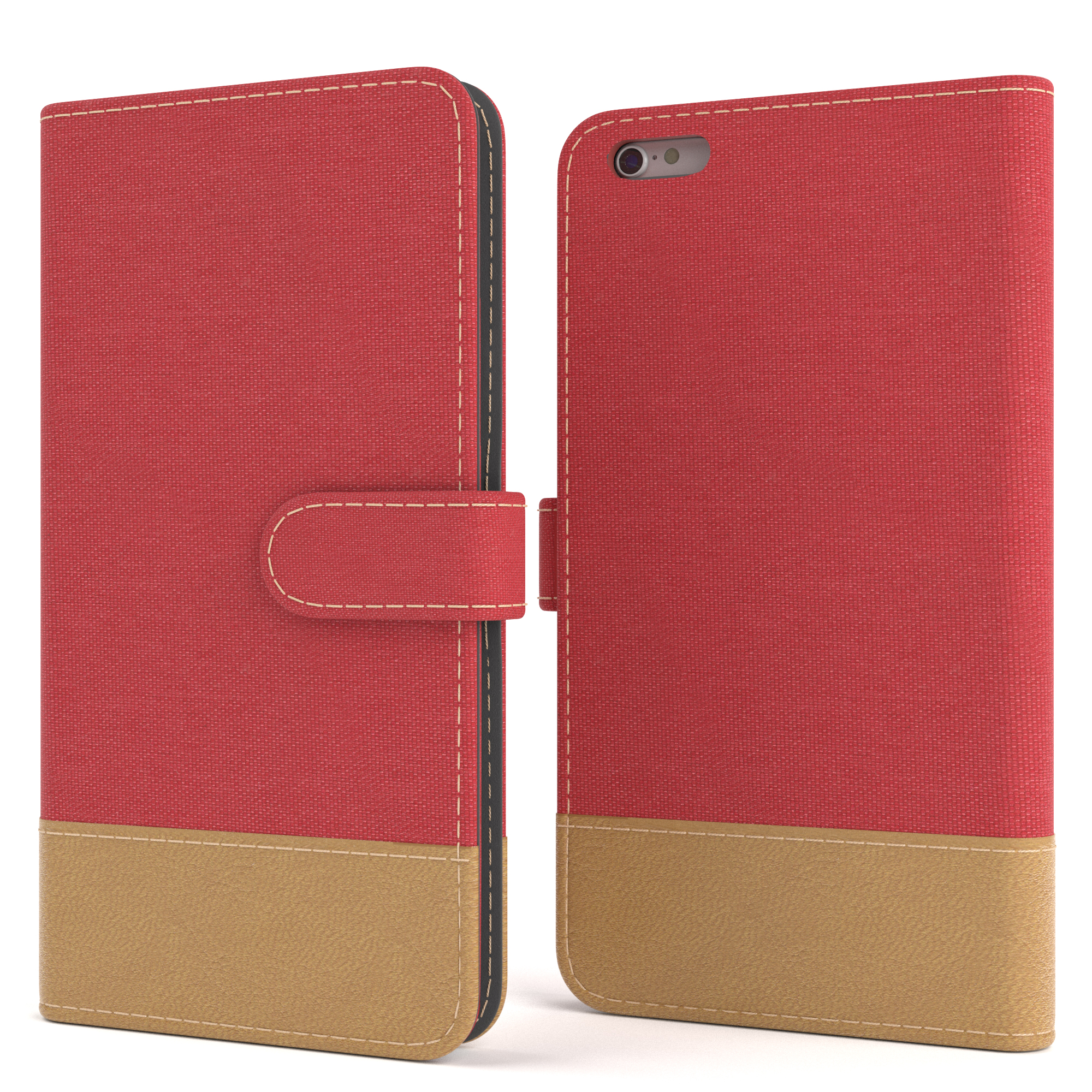 Rote und beige Handyhülle, offen und geschlossen, mit Nahtdetails.