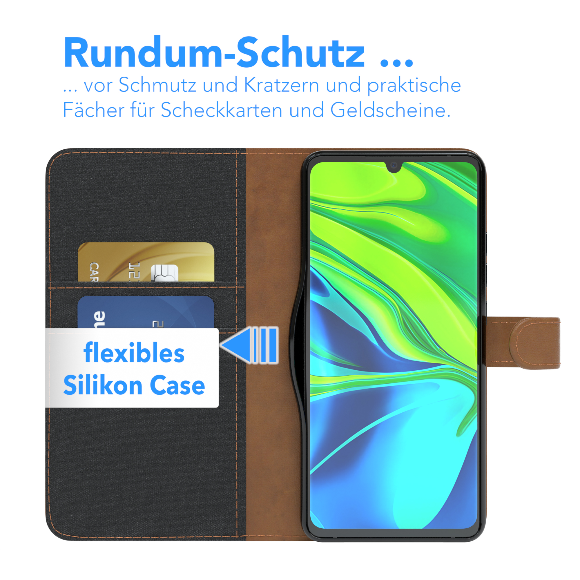 Eine Handyhülle ist geöffnet und zeigt Karten im Inneren. Die Hülle ist schwarz und braun mit einem weißen Textfeld.