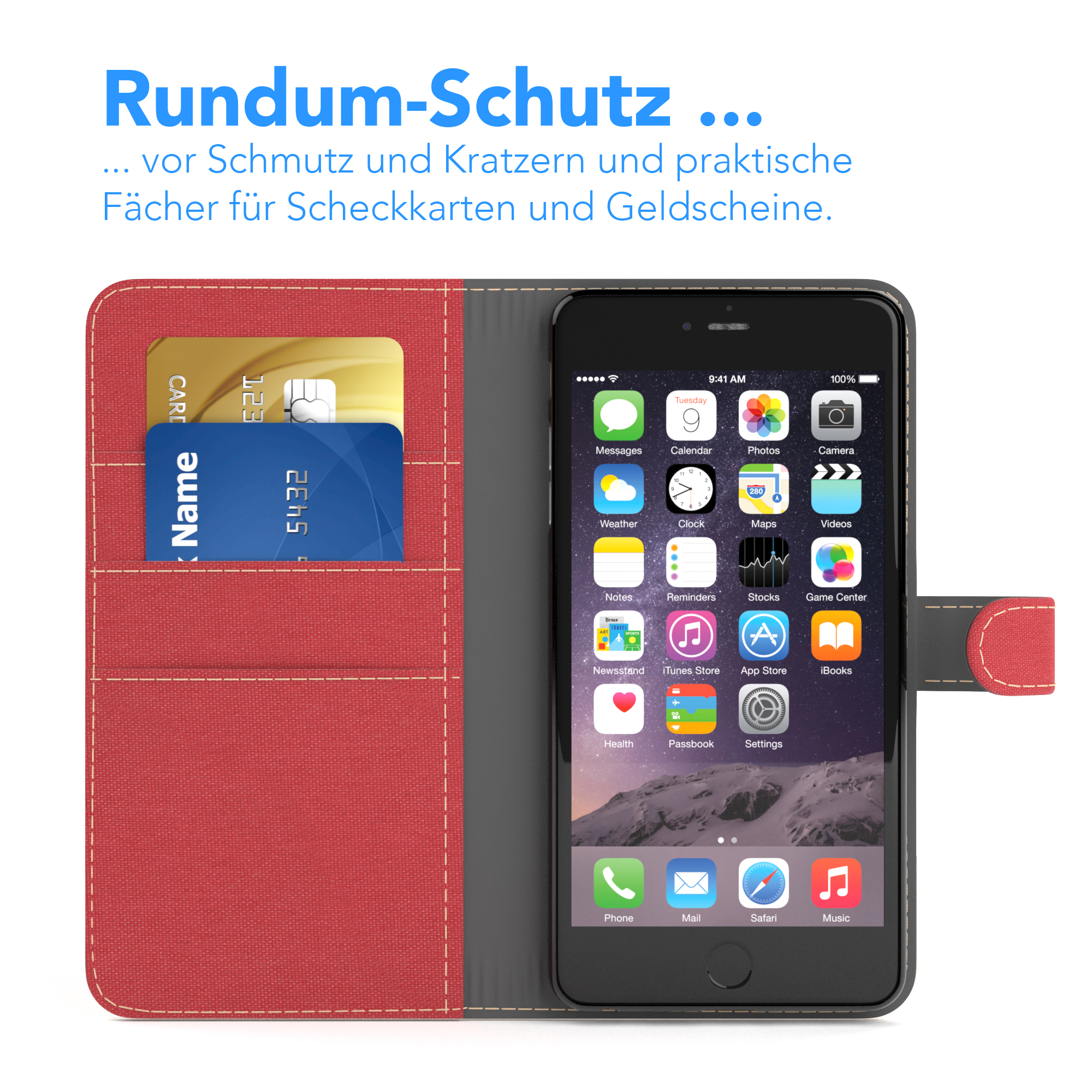 Smartphone in roter Brieftasche mit Karten. Weißer Hintergrund.
