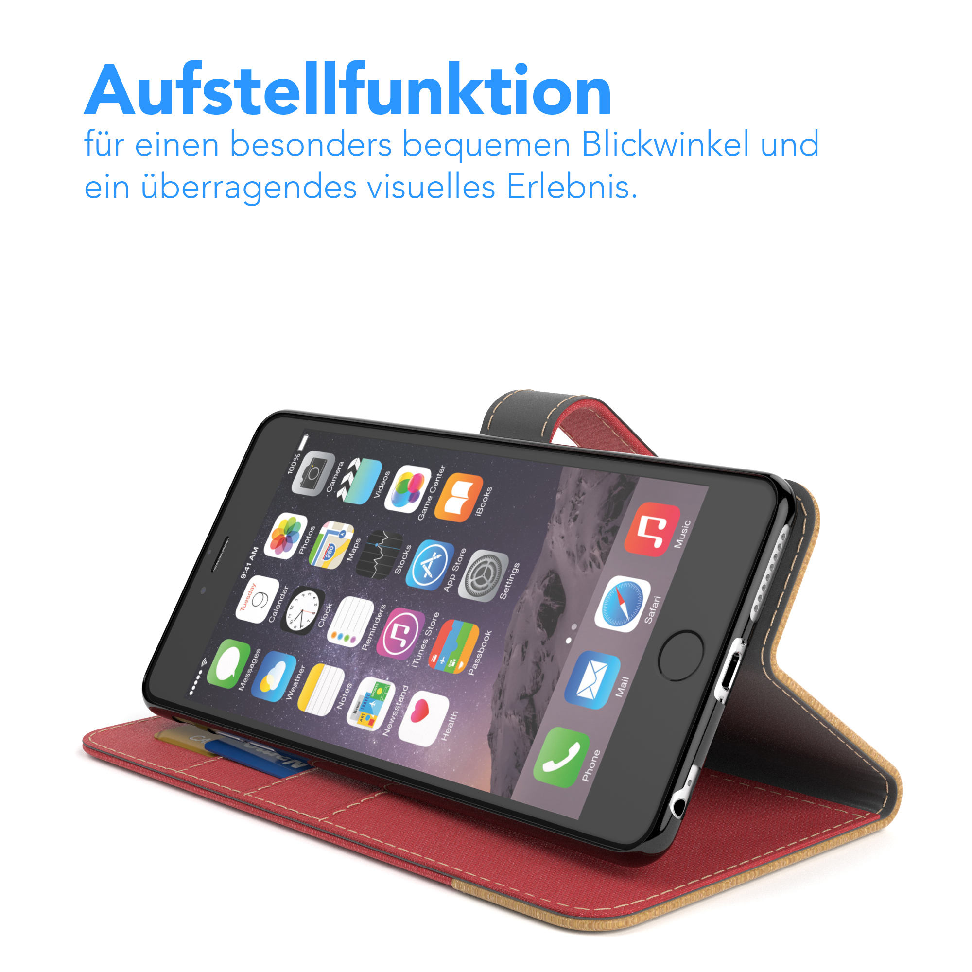 Telefon in einem Gehäuse, mit Karte und Geld. Das Gehäuse ist aufgestellt.