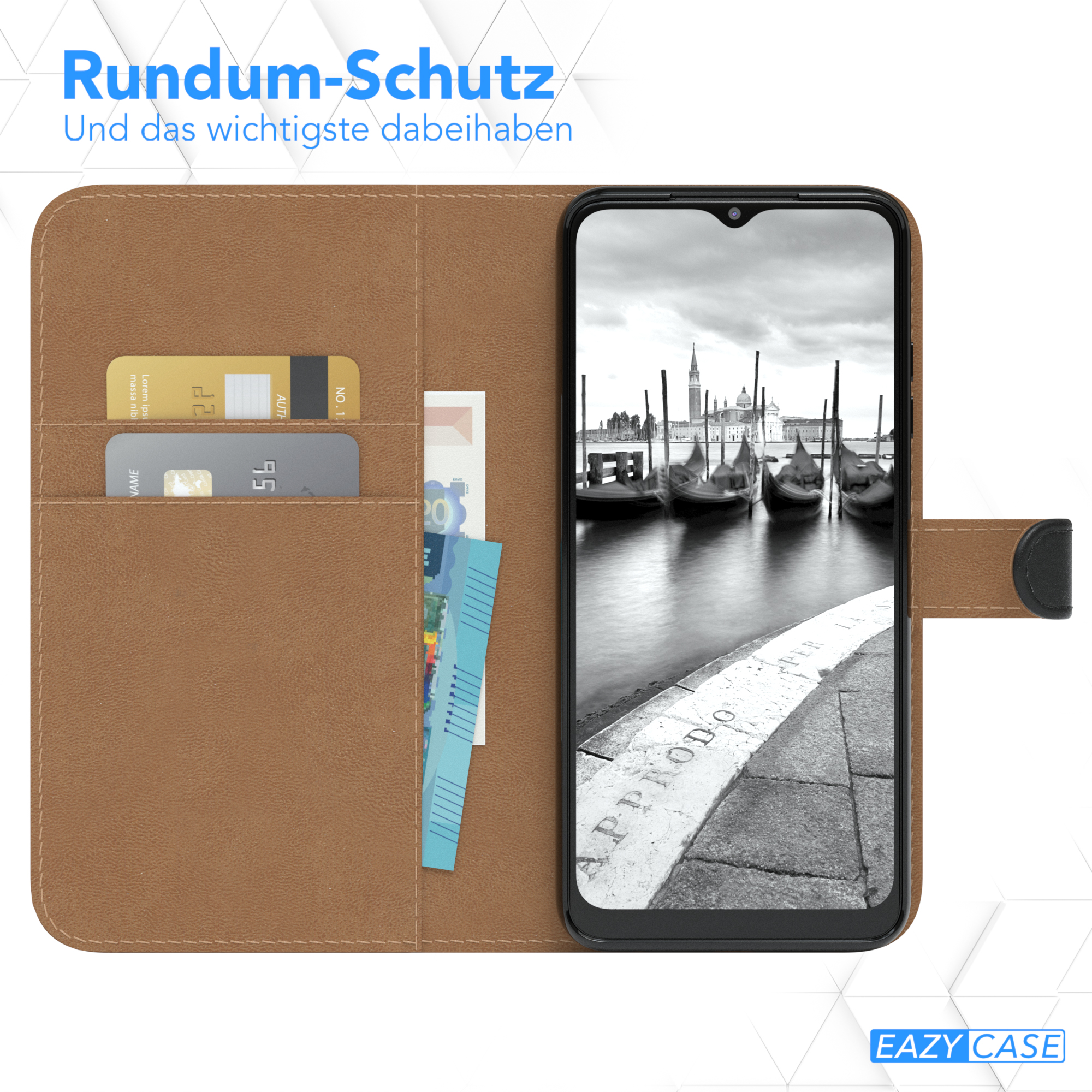 Braune Handyhülle mit einem Telefon im Inneren, das ein Schwarz-Weiß-Bild von Gondeln zeigt.