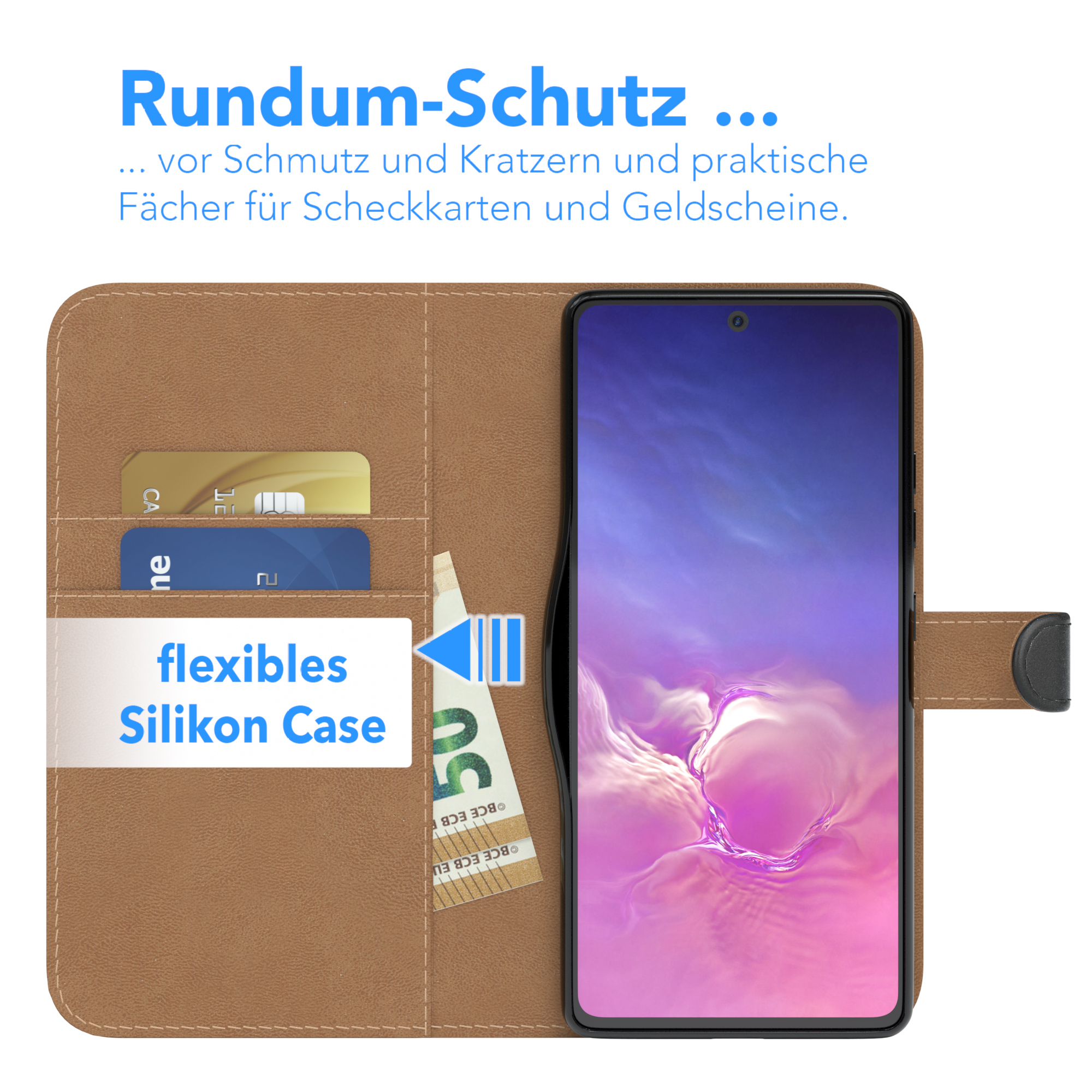 Handyhülle mit Karten und Bargeld. Hülle ist offen, Inhalt sichtbar. Braun und Schwarz.