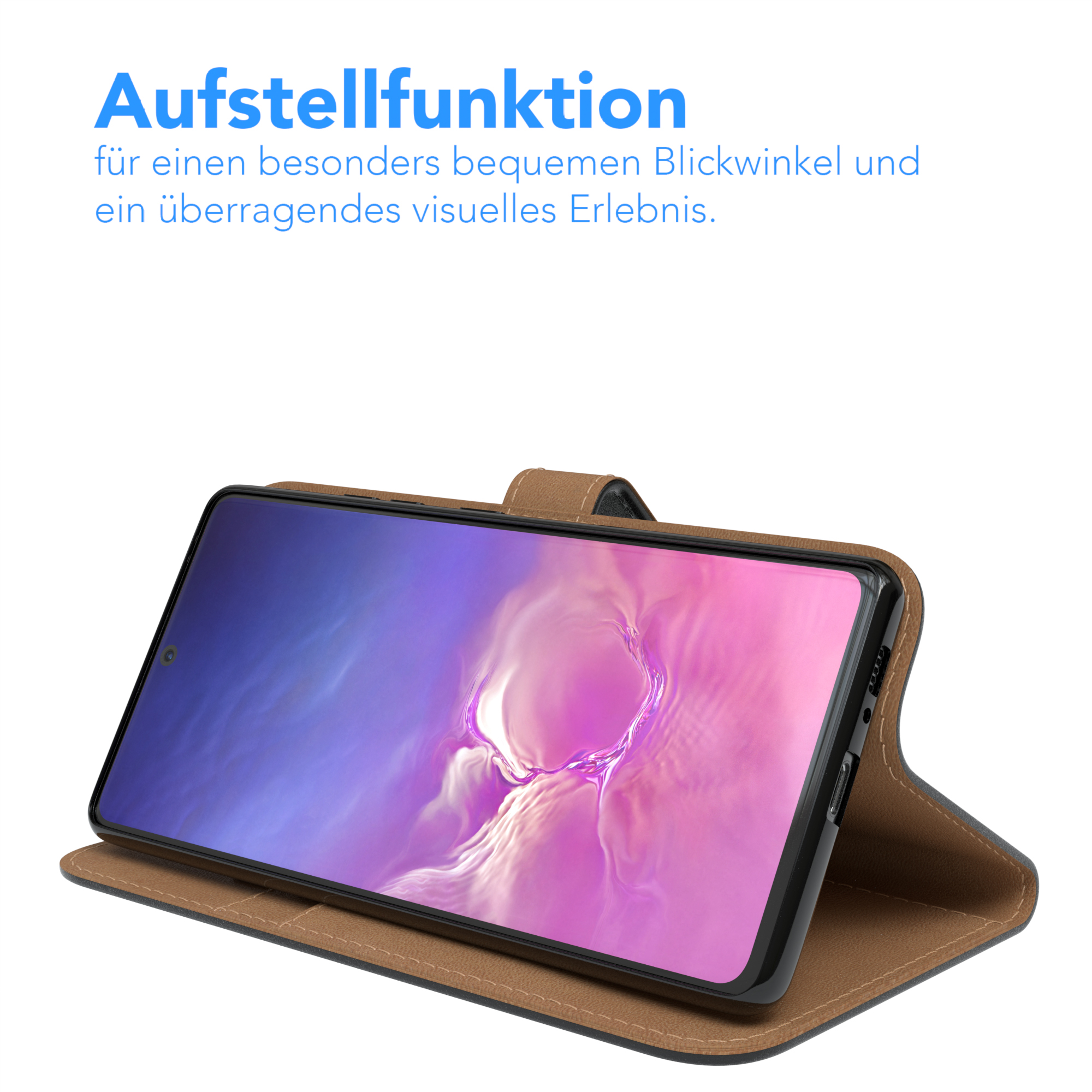 Telefon in brauner Hülle, geöffnet und abgewinkelt. Der Bildschirm zeigt ein farbenfrohes Bild.