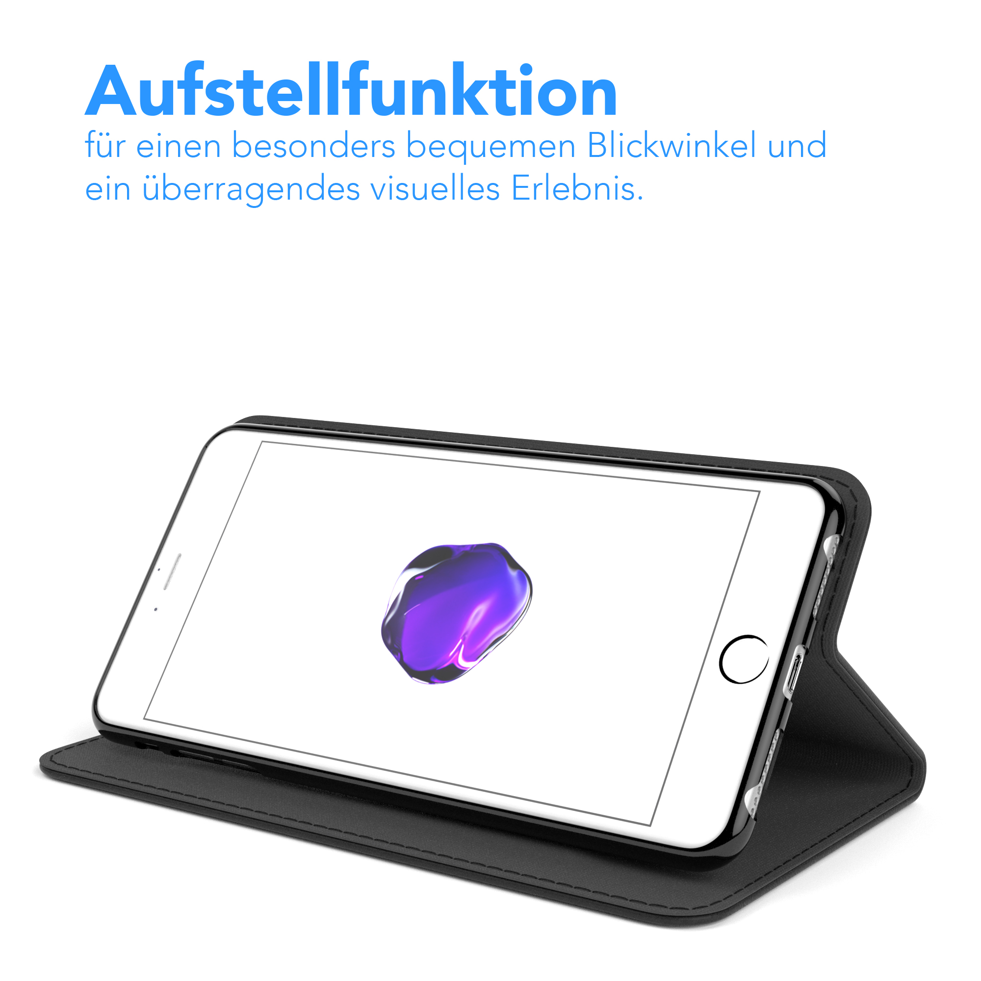 Ein Telefon mit einem Bildschirm, der ein lila Bild anzeigt, befindet sich in einer geöffneten und abgestützten schwarzen Handyhülle.