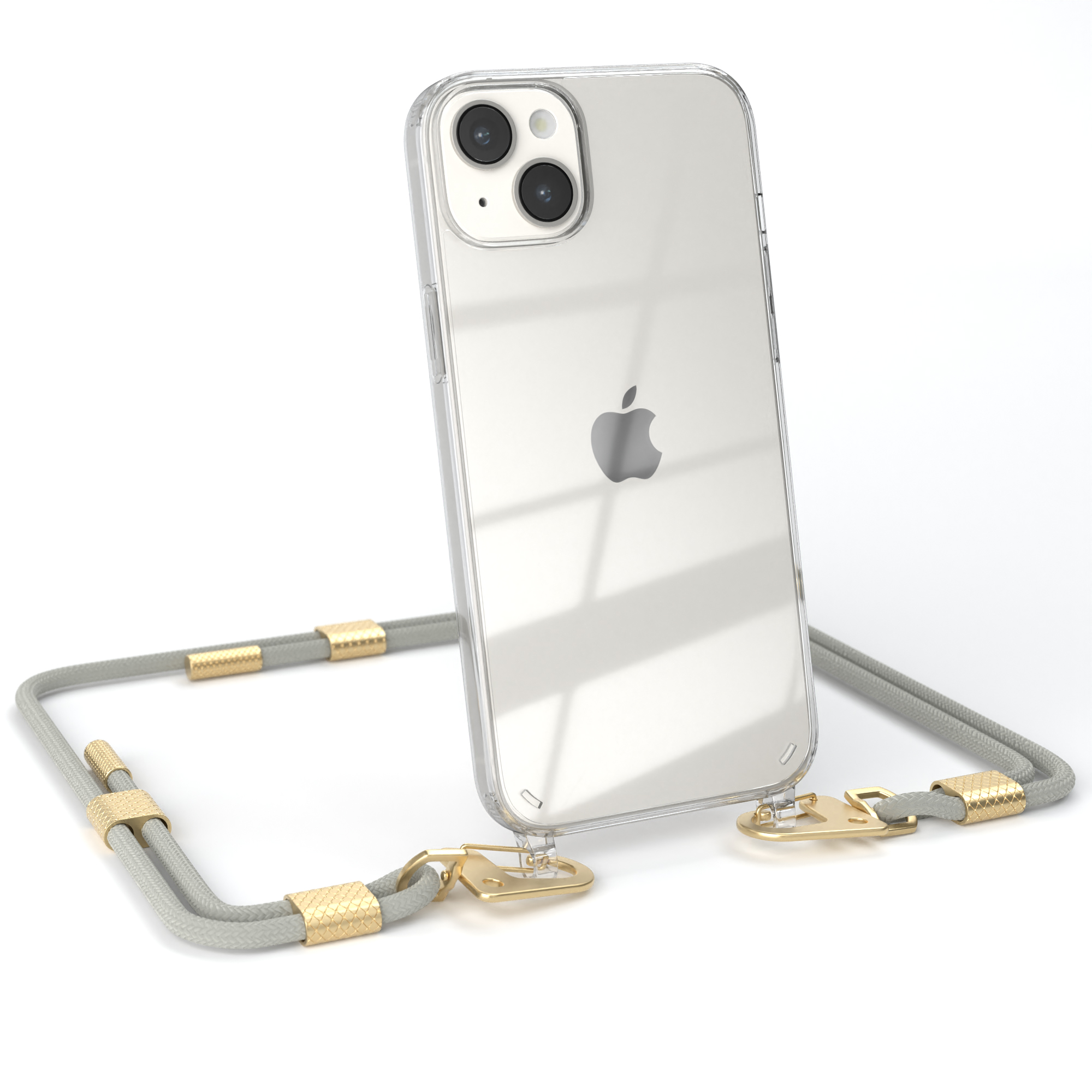 Transparente Handyhülle mit angebrachtem Lanyard. Das Telefon befindet sich in der Hülle.