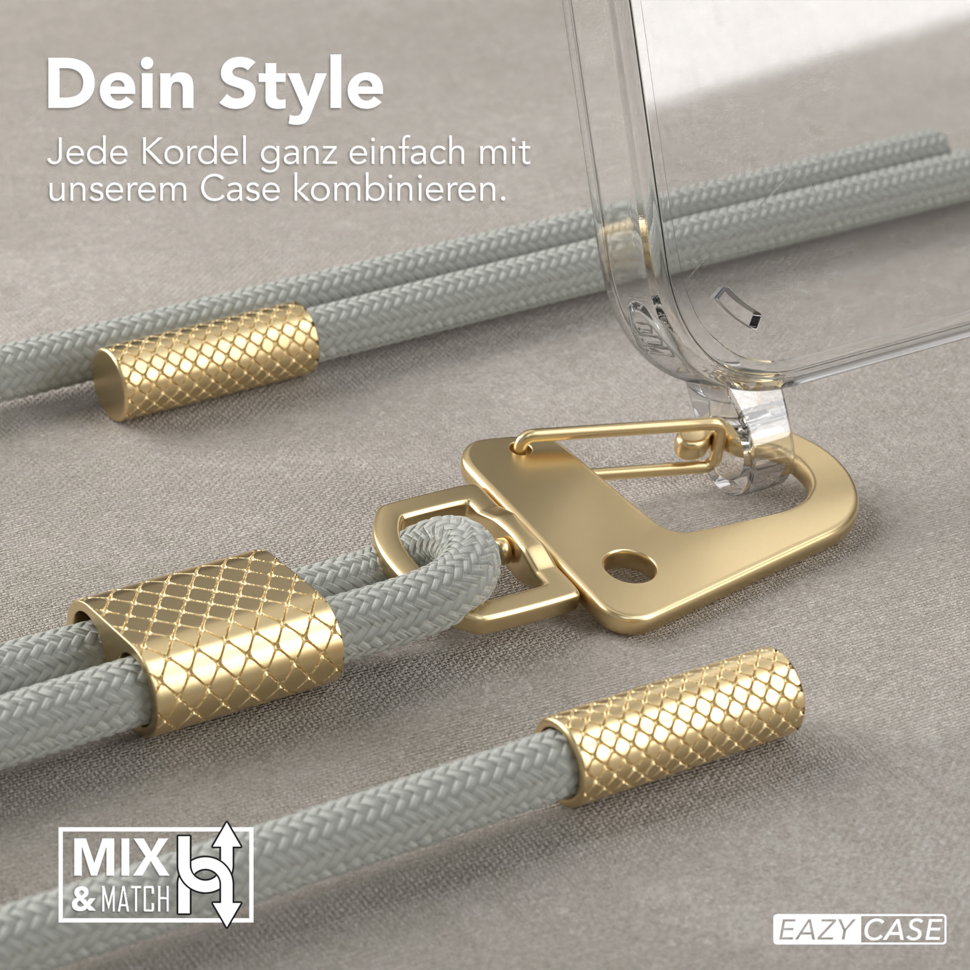 Nahaufnahme von Handy-Lanyard- und Gehäusekomponenten: Gold und Grau.