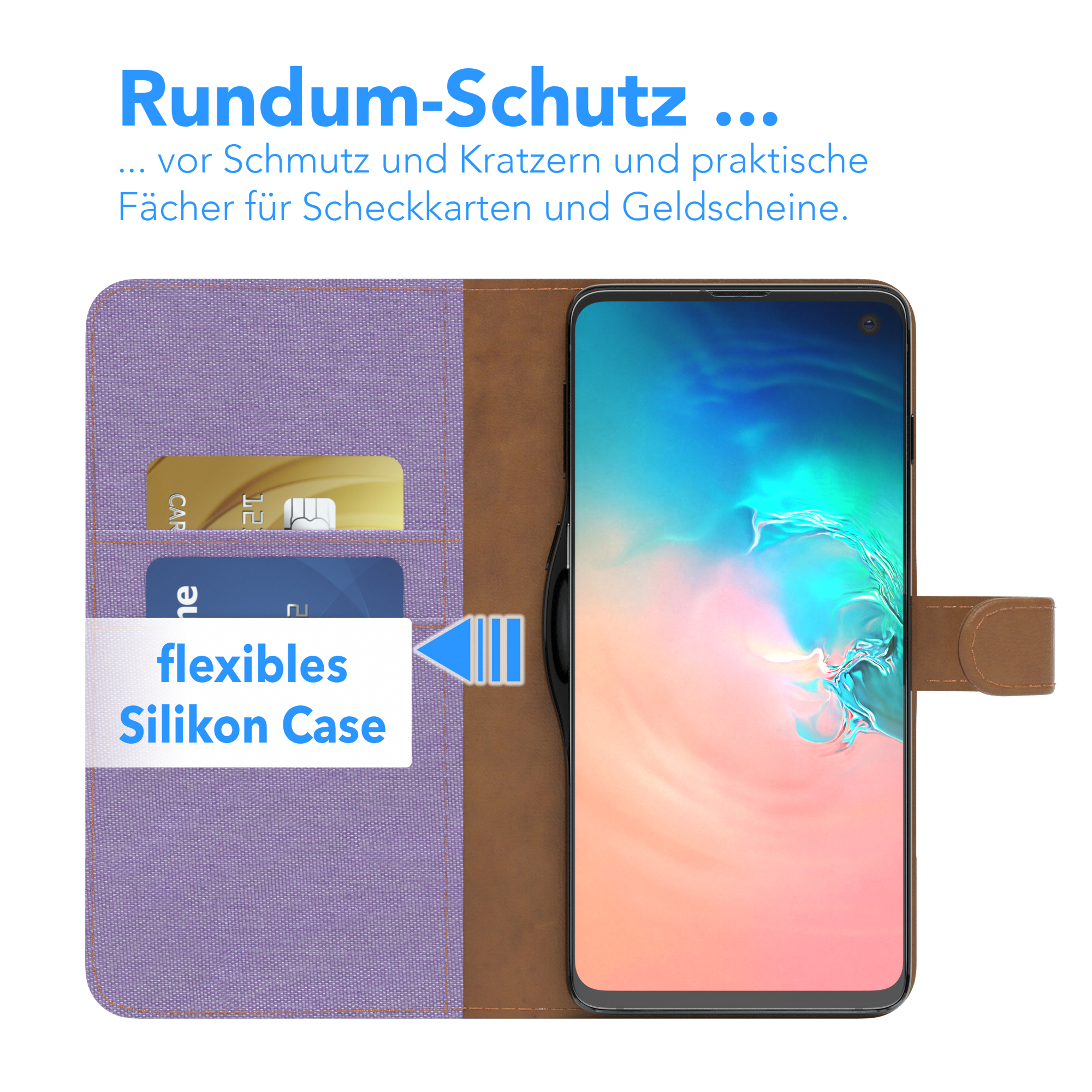 Eine Handyhülle mit Kartenfächern, geöffnet, um Karten zu zeigen, mit Text 'flexibles Silikon Case'.