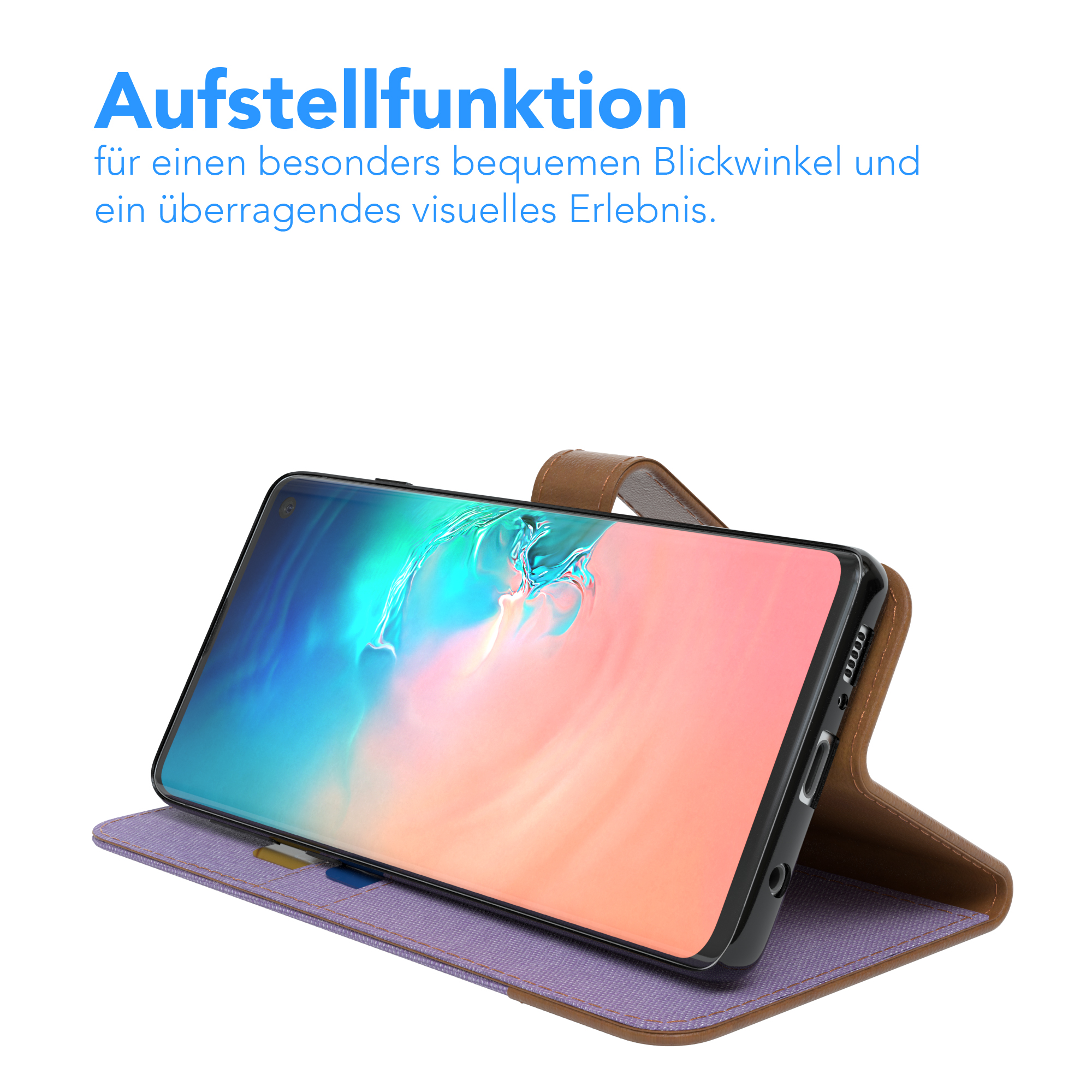 Telefon in einer Hülle, in einem Winkel geöffnet. Text: Aufstellfunktion für einen bequemen Betrachtungswinkel.